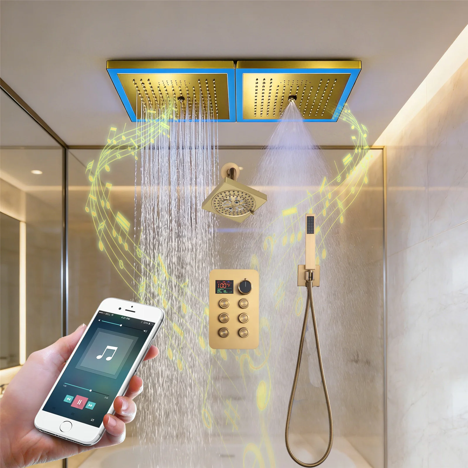 24 x 12 inch rainfall mist 64 led light bluetooth music shower head 6 way shower faucet with regular head and handle wand - Image 4