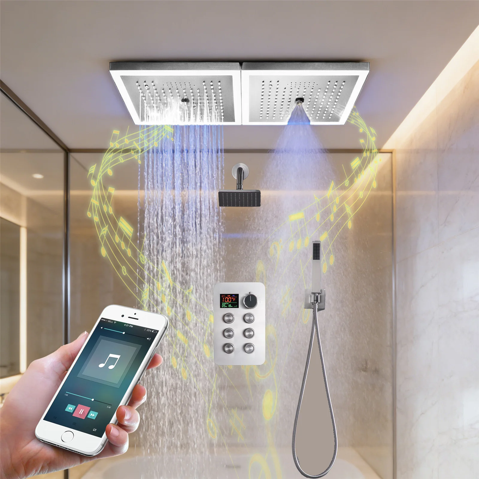 24 x 12 inch rainfall mist 64 led light bluetooth music shower head 6 way shower faucet with regular head and handle wand - Image 5