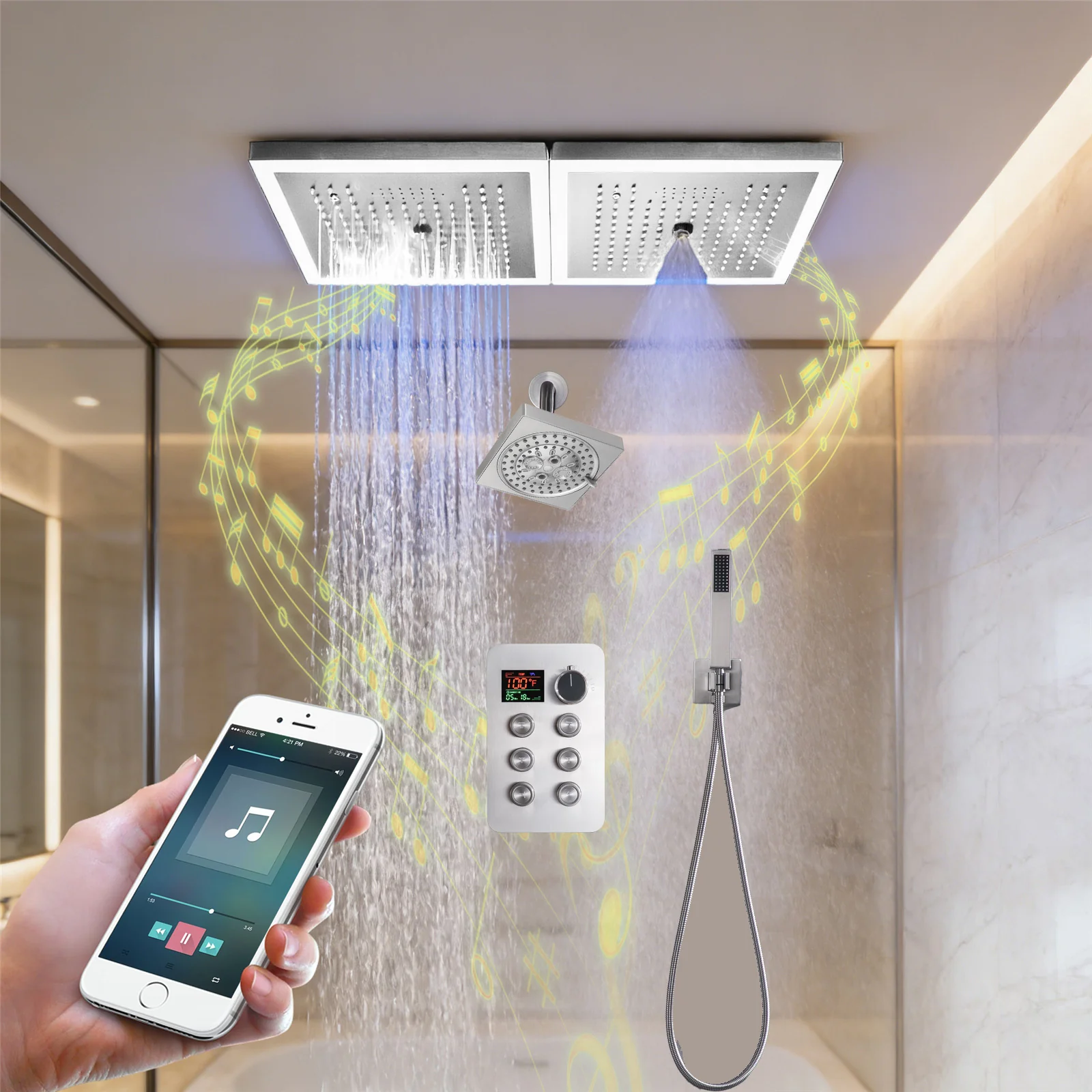 24 x 12 inch rainfall mist 64 led light bluetooth music shower head 6 way shower faucet with regular head and handle wand - Image 6
