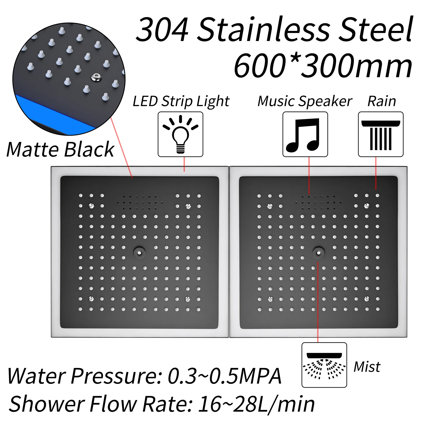 24 x 12 inch rainfall mist 64 led light bluetooth music shower head 6 way shower faucet with regular head and handle wand - Image 13