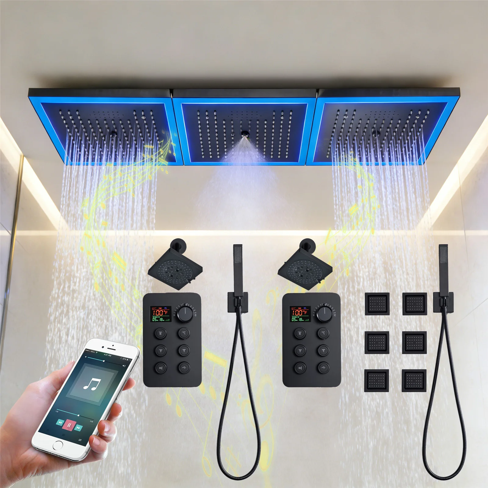36 x 12 inch rainfall mist 64 led light bluetooth music shower head 12 way shower faucet with regular head and handle wand - Image 2