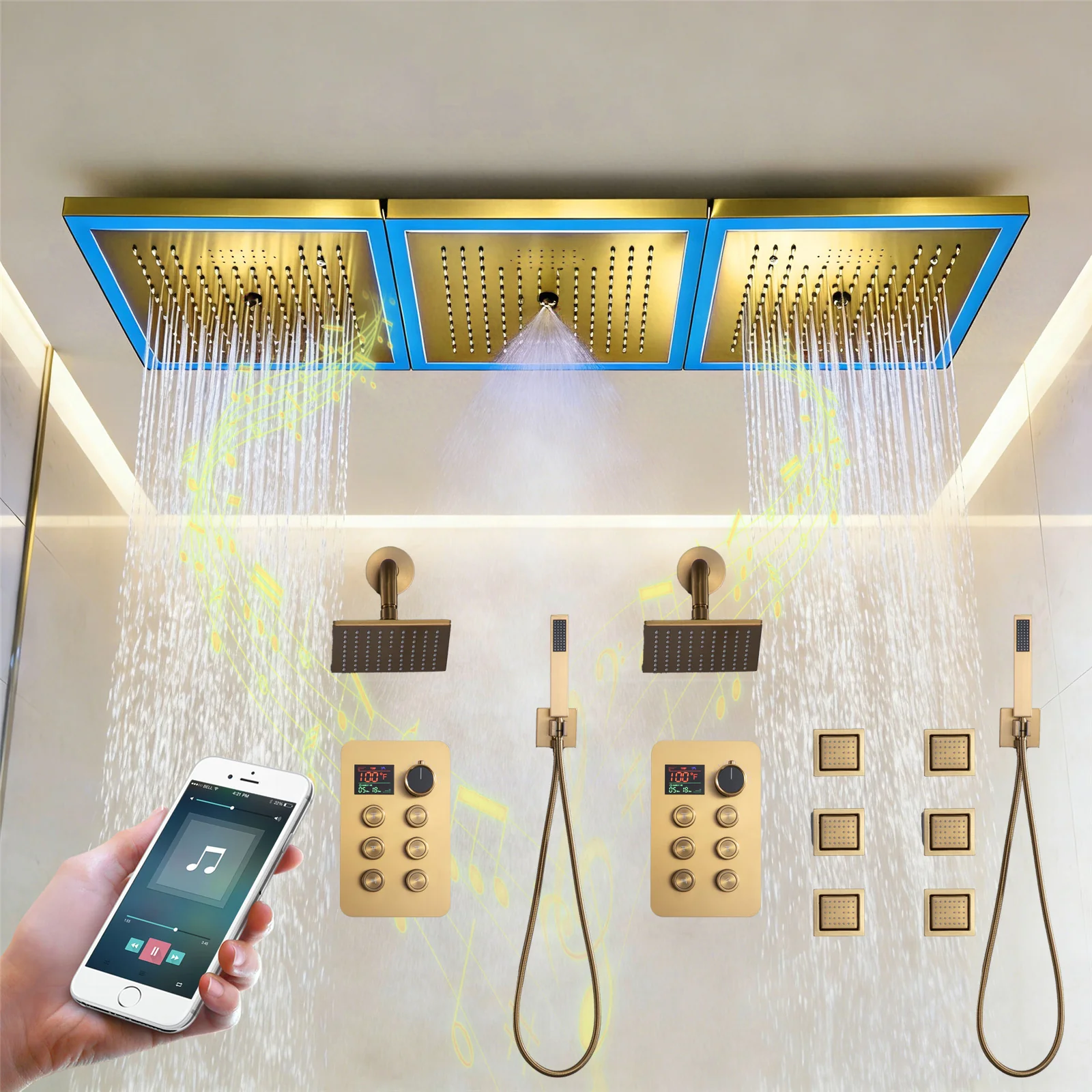 36 x 12 inch rainfall mist 64 led light bluetooth music shower head 12 way shower faucet with regular head and handle wand - Image 3
