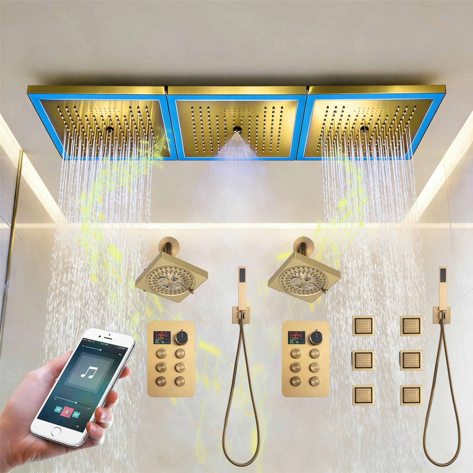 36 x 12 inch rainfall mist 64 led light bluetooth music shower head 12 way shower faucet with regular head and handle wand - Image 4