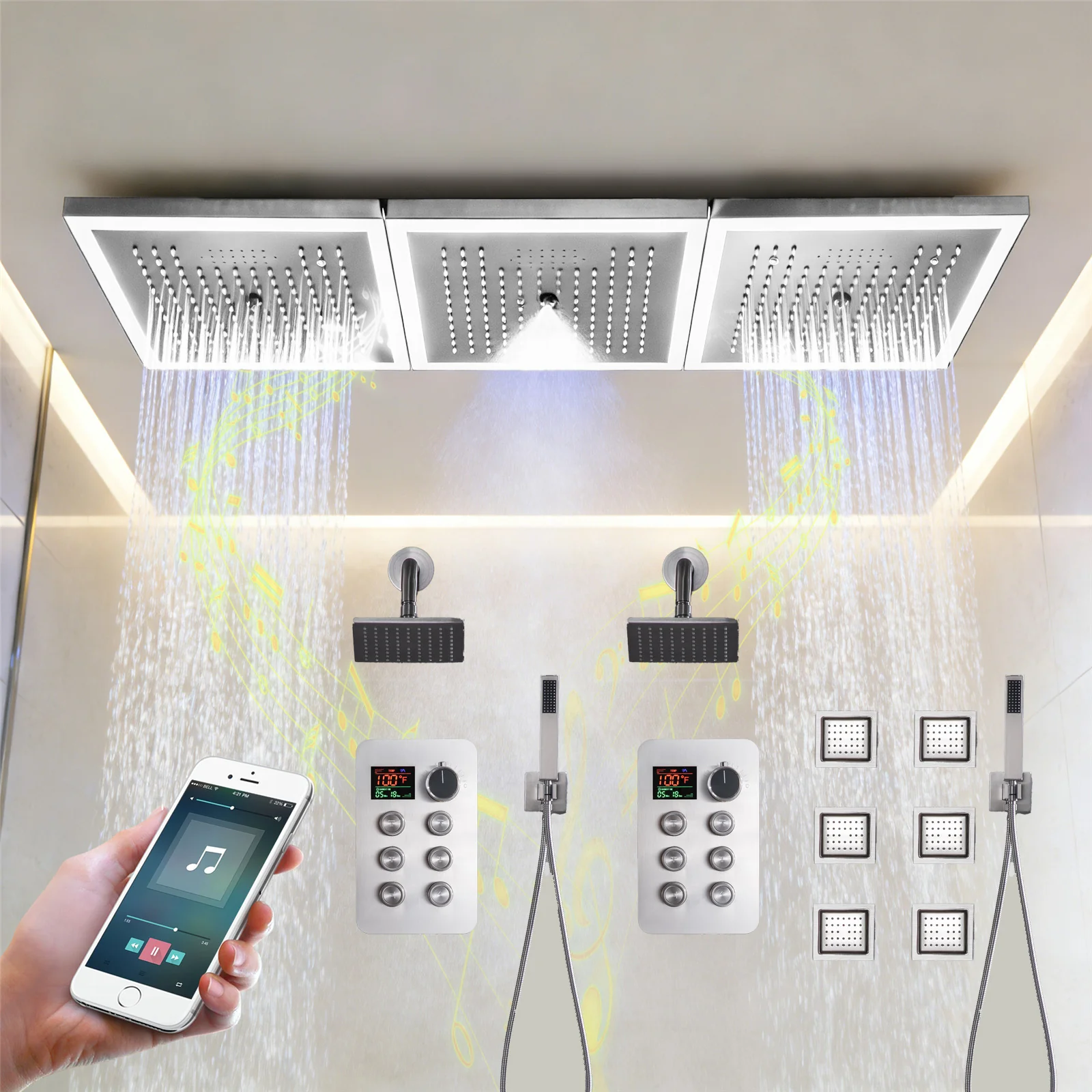 36 x 12 inch rainfall mist 64 led light bluetooth music shower head 12 way shower faucet with regular head and handle wand - Image 5
