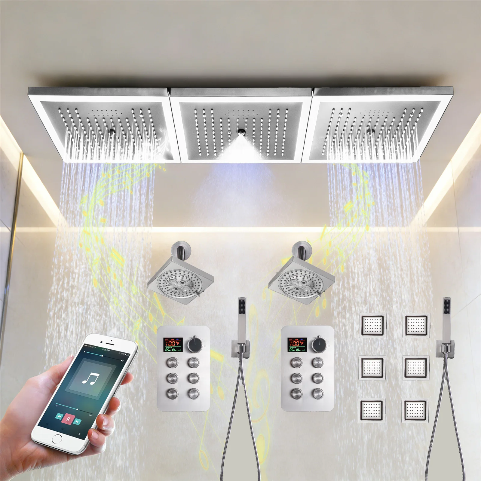 36 x 12 inch rainfall mist 64 led light bluetooth music shower head 12 way shower faucet with regular head and handle wand - Image 6