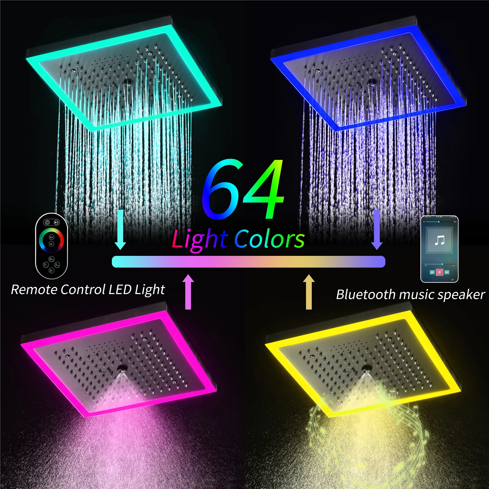 24 x 12 inch rainfall mist 64 led light bluetooth music shower head 6 way shower faucet with regular head and handle wand - Image 7