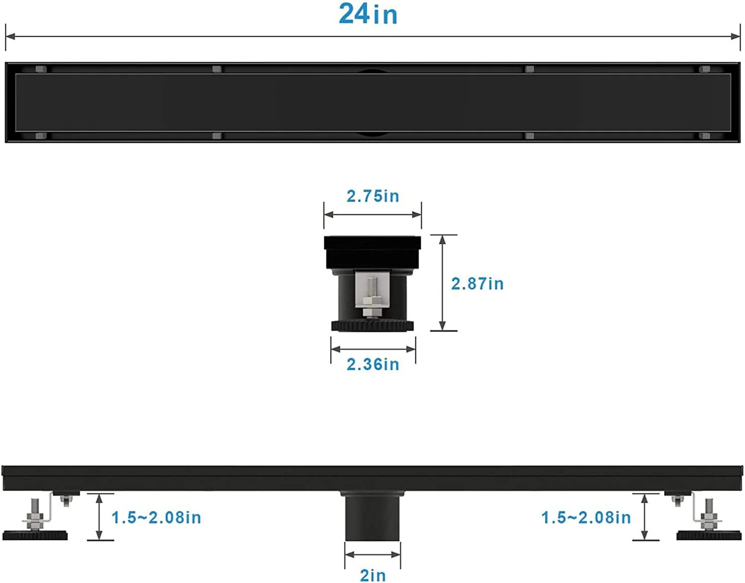 matte black Linear shower drain stainless steel material 24 inch with tile insert 2-in-1 cover with hair strainer and adjustment feet - Image 4