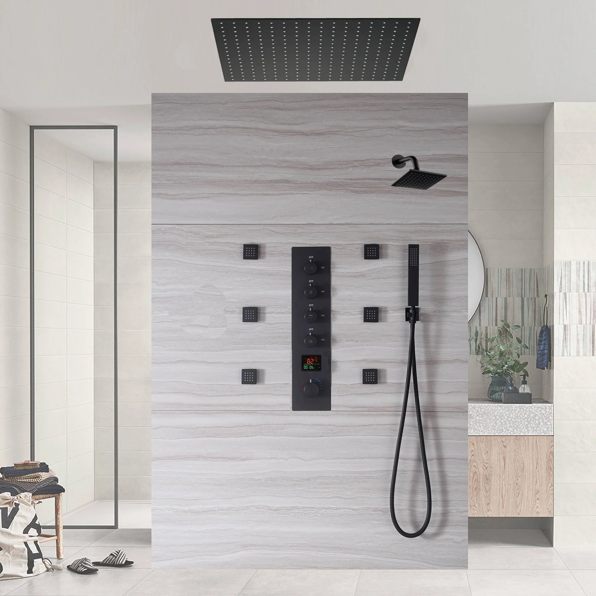 Matte Black 24" or 20" Rainfall Shower System with 4-Way Thermostatic Valve and Body Jets - Image 3