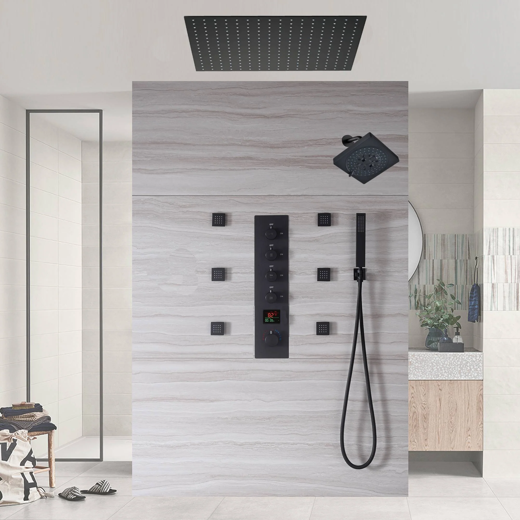Matte Black 24" or 20" Rainfall Shower System with 4-Way Thermostatic Valve and Body Jets - Image 4
