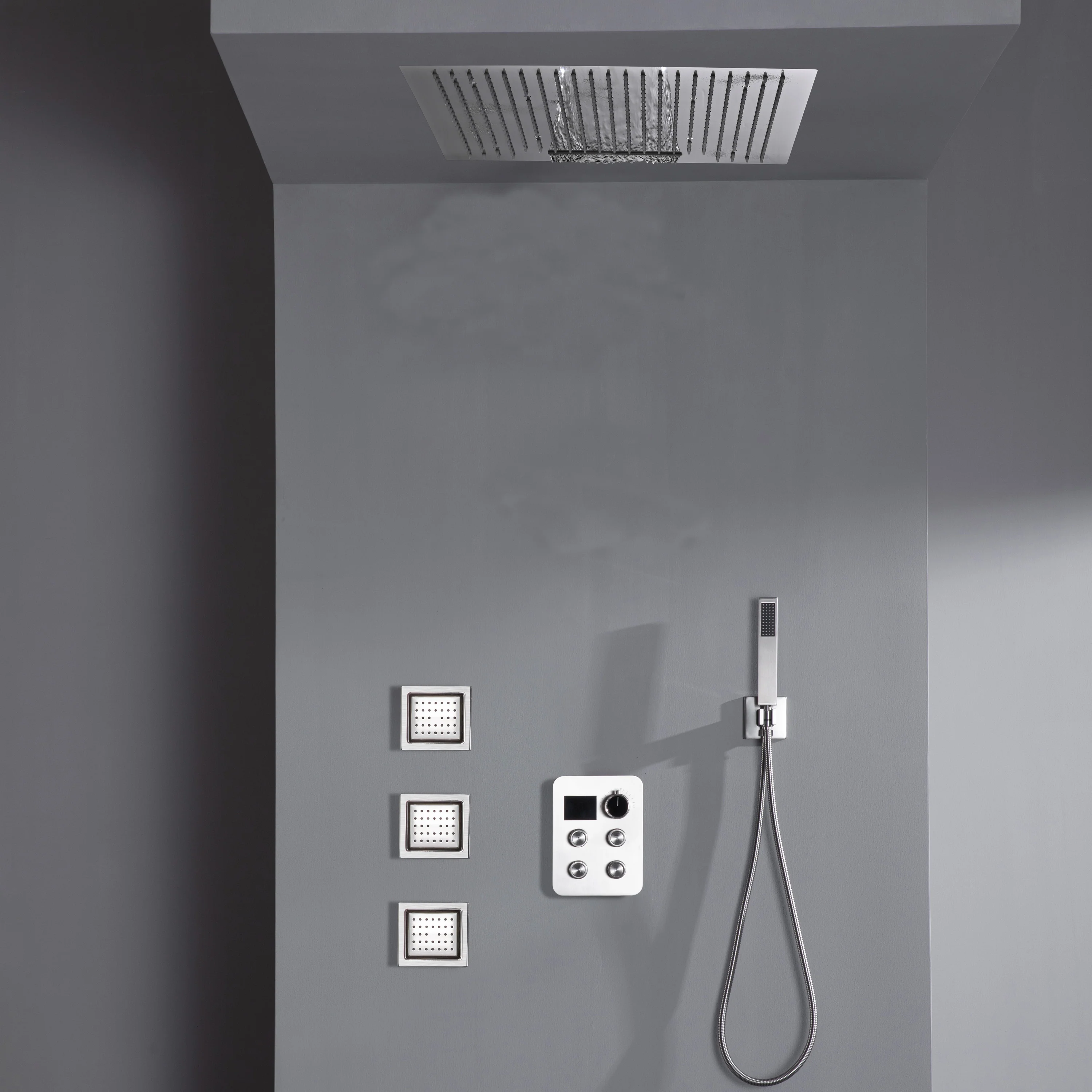 24 inch flush mount rainfall waterfall shower head 4 way thermostatic shower faucet with handle wand and Body Jets - Image 10