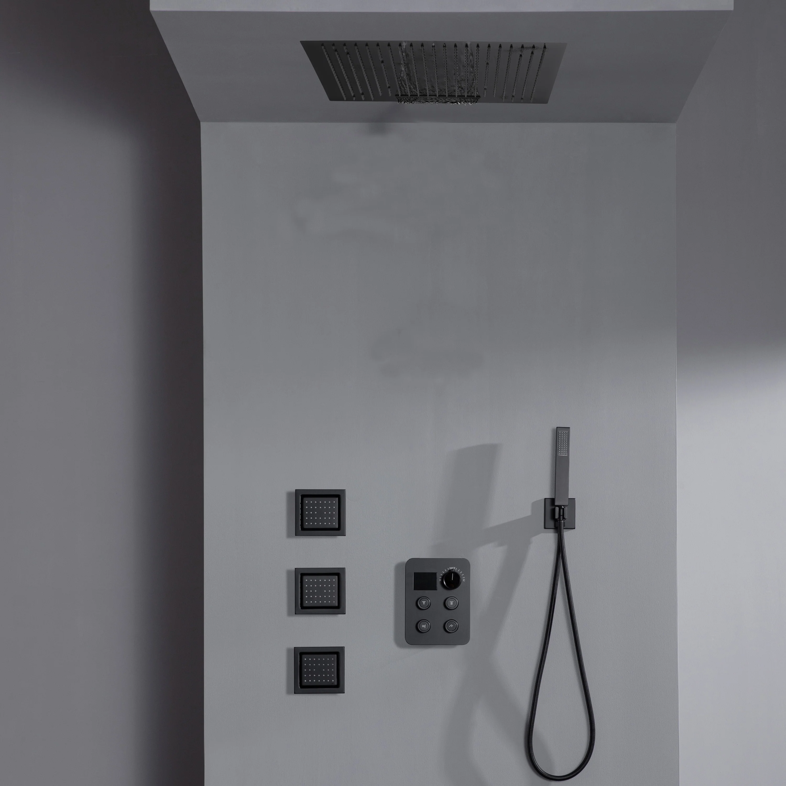 24 inch flush mount rainfall waterfall shower head 4 way thermostatic shower faucet with handle wand and Body Jets - Image 20