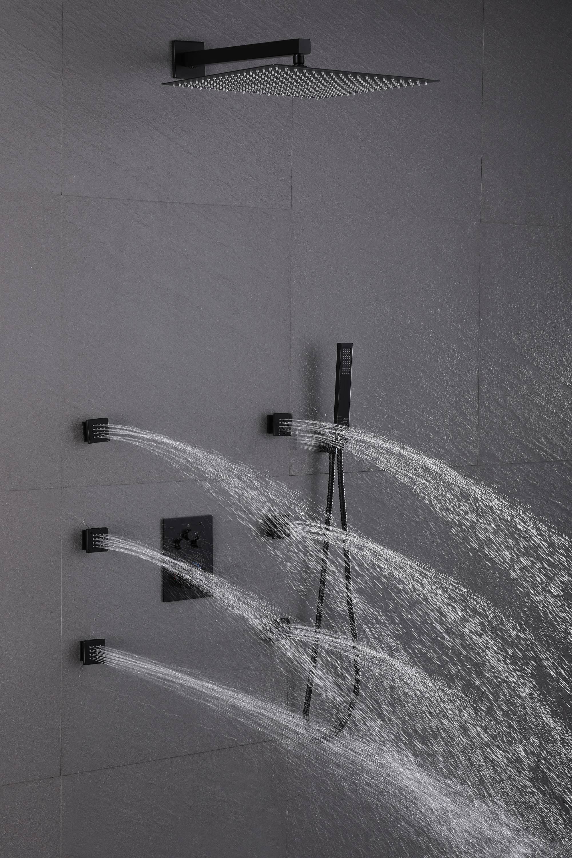 Matte Black 3-Way Thermostatic Shower System: 12'' or 16'' Rain Head, Optional LED, Simultaneous Function - Image 10