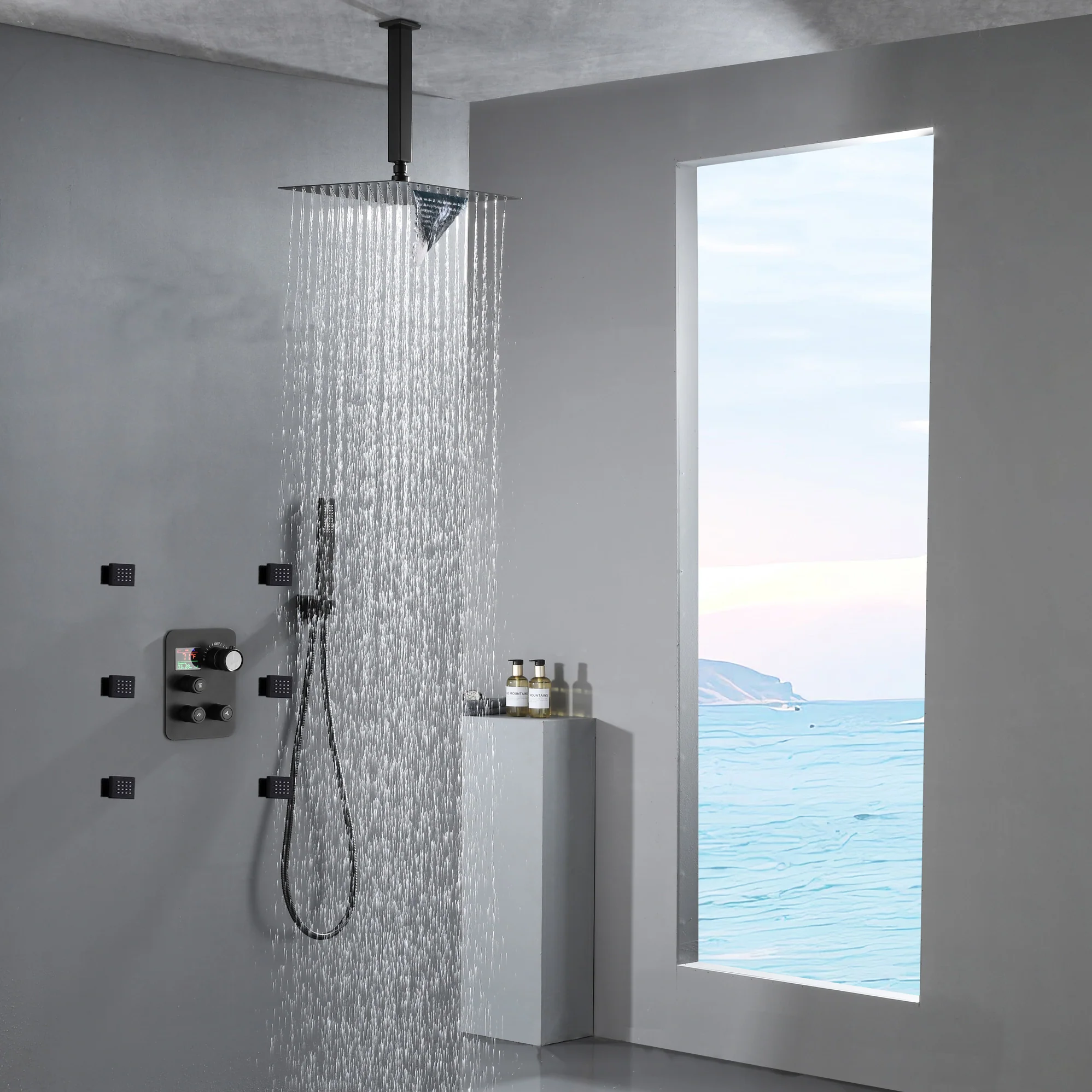 Matte Black 3-Way Thermostatic Shower System: 12'' or 16'' Rain Head, Optional LED, Simultaneous Function - Image 3