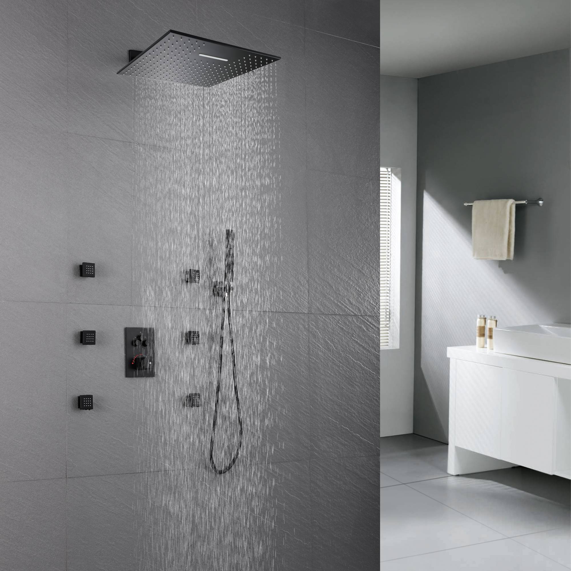 Matte Black 3-Way Thermostatic Shower System: 12'' or 16'' Rain Head, Optional LED, Simultaneous Function - Image 4