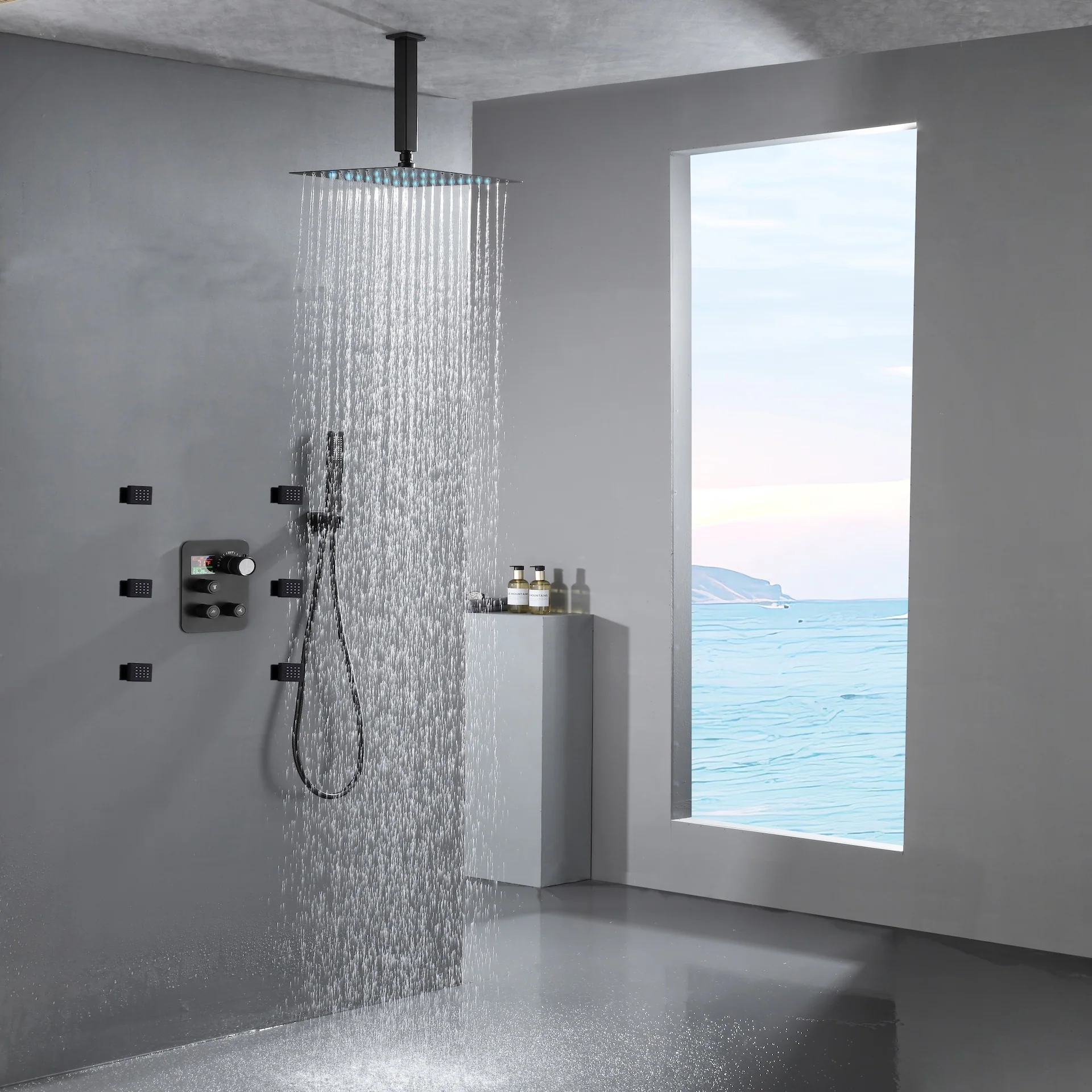 Matte Black 3-Way Thermostatic Shower System: 12'' or 16'' Rain Head, Optional LED, Simultaneous Function - Image 6