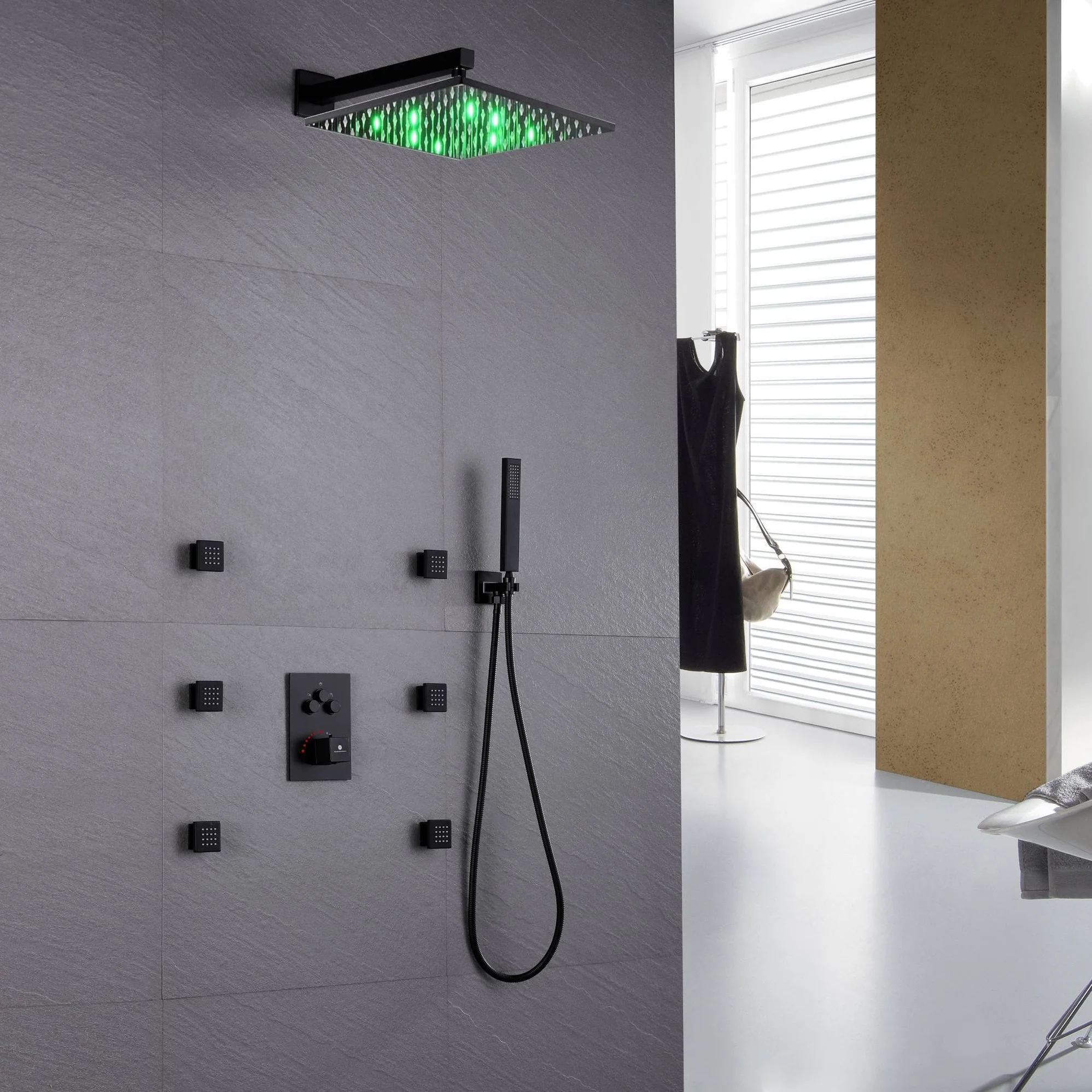 Matte Black 3-Way Thermostatic Shower System: 12'' or 16'' Rain Head, Optional LED, Simultaneous Function - Image 7