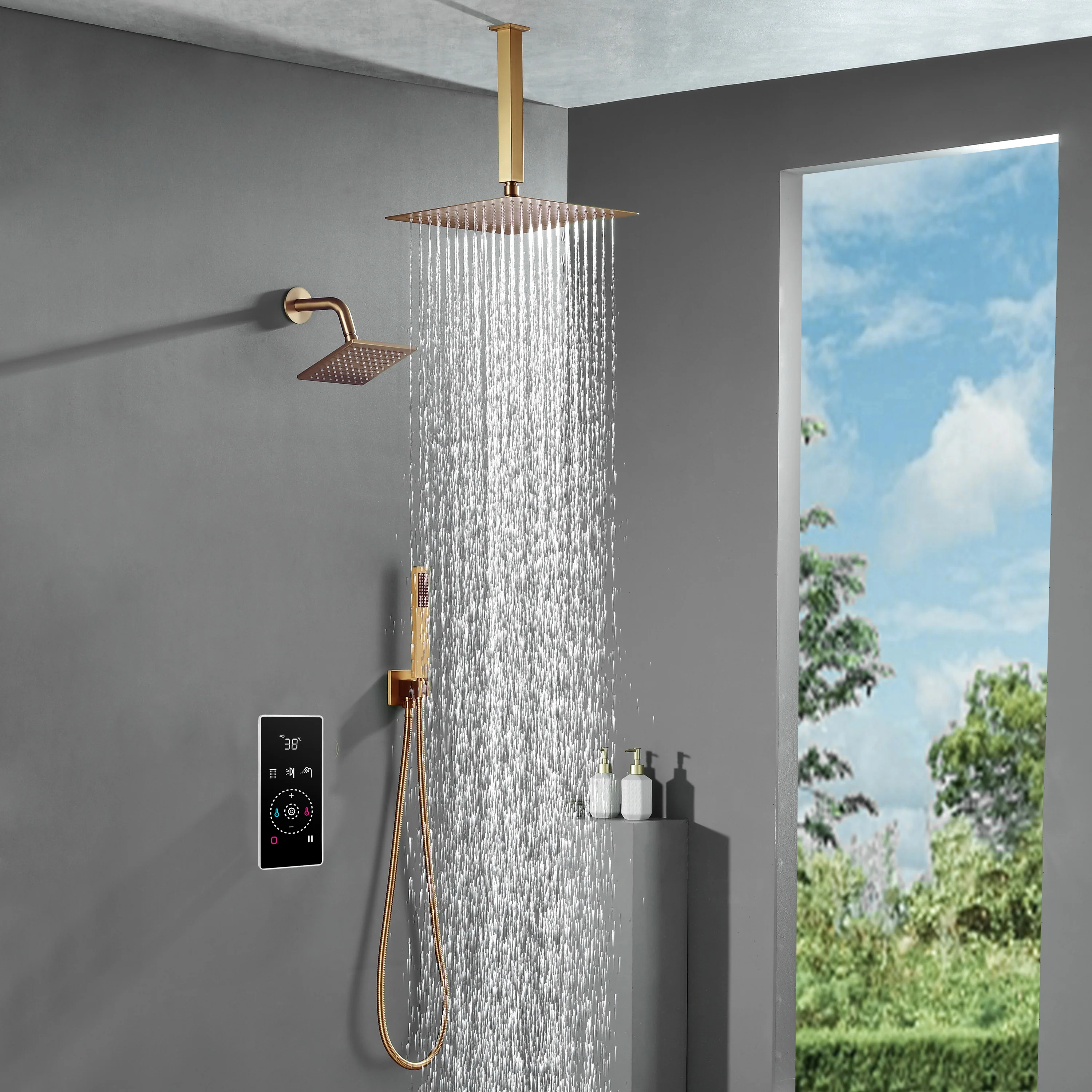 3 Way Thermal Digital Touchscreen Shower Faucet with regular head and rainfall head,Handle Shower - Image 20
