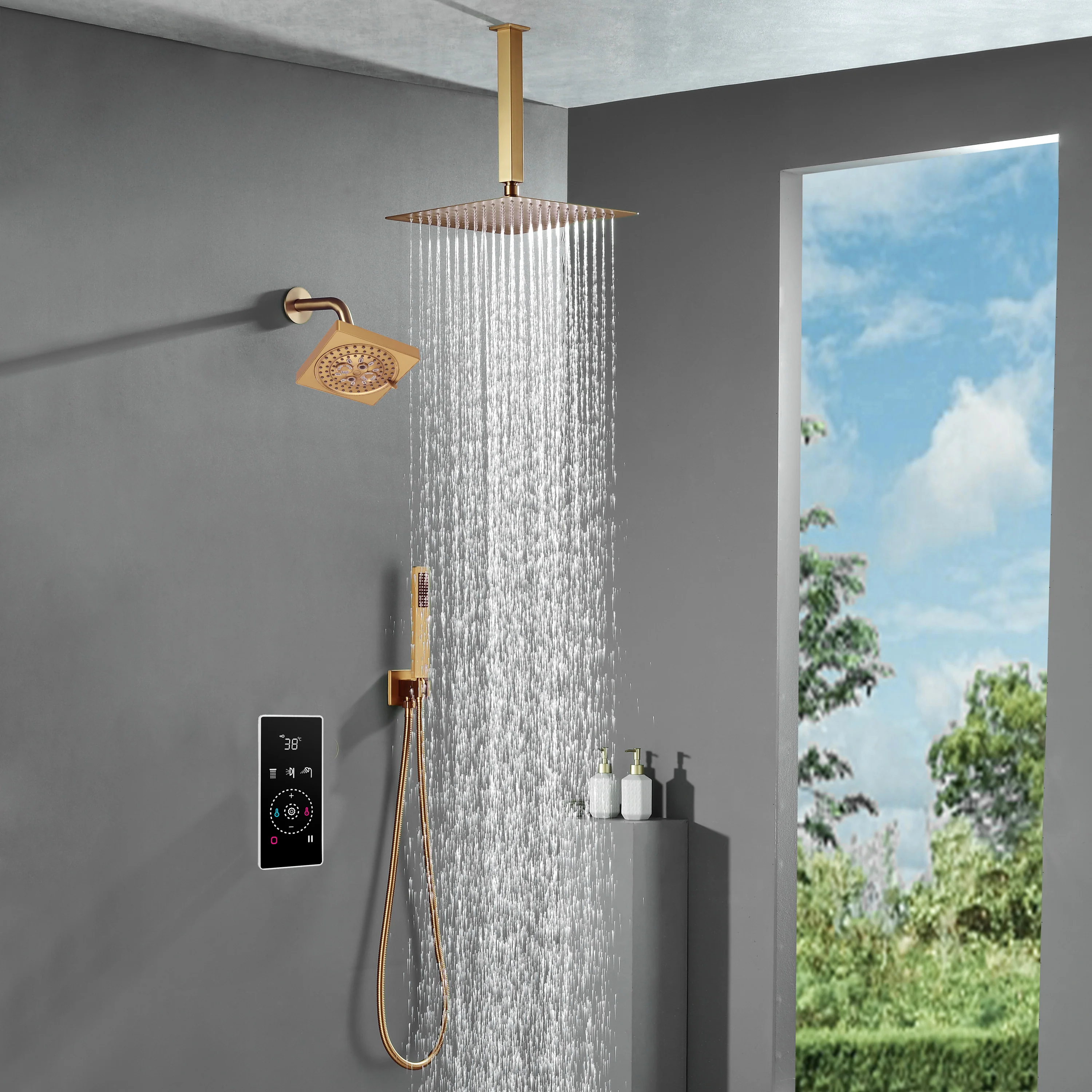 3 Way Thermal Digital Touchscreen Shower Faucet with regular head and rainfall head,Handle Shower - Image 21
