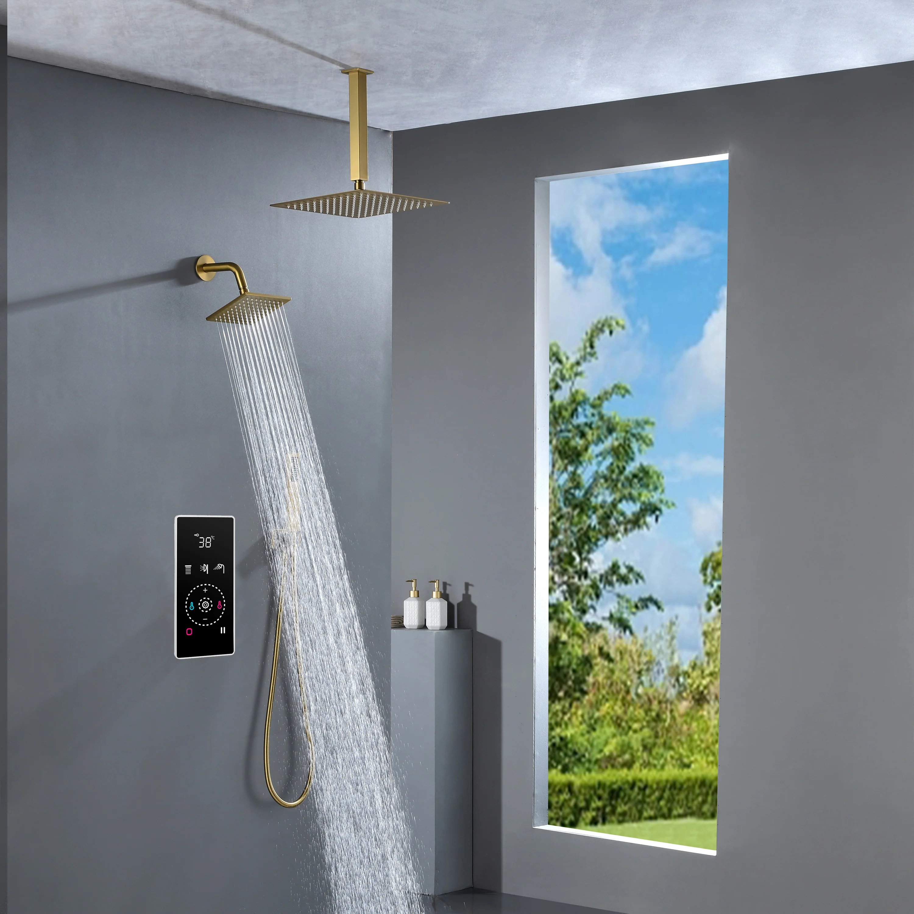 3 Way Thermal Digital Touchscreen Shower Faucet with regular head and rainfall head,Handle Shower - Image 22