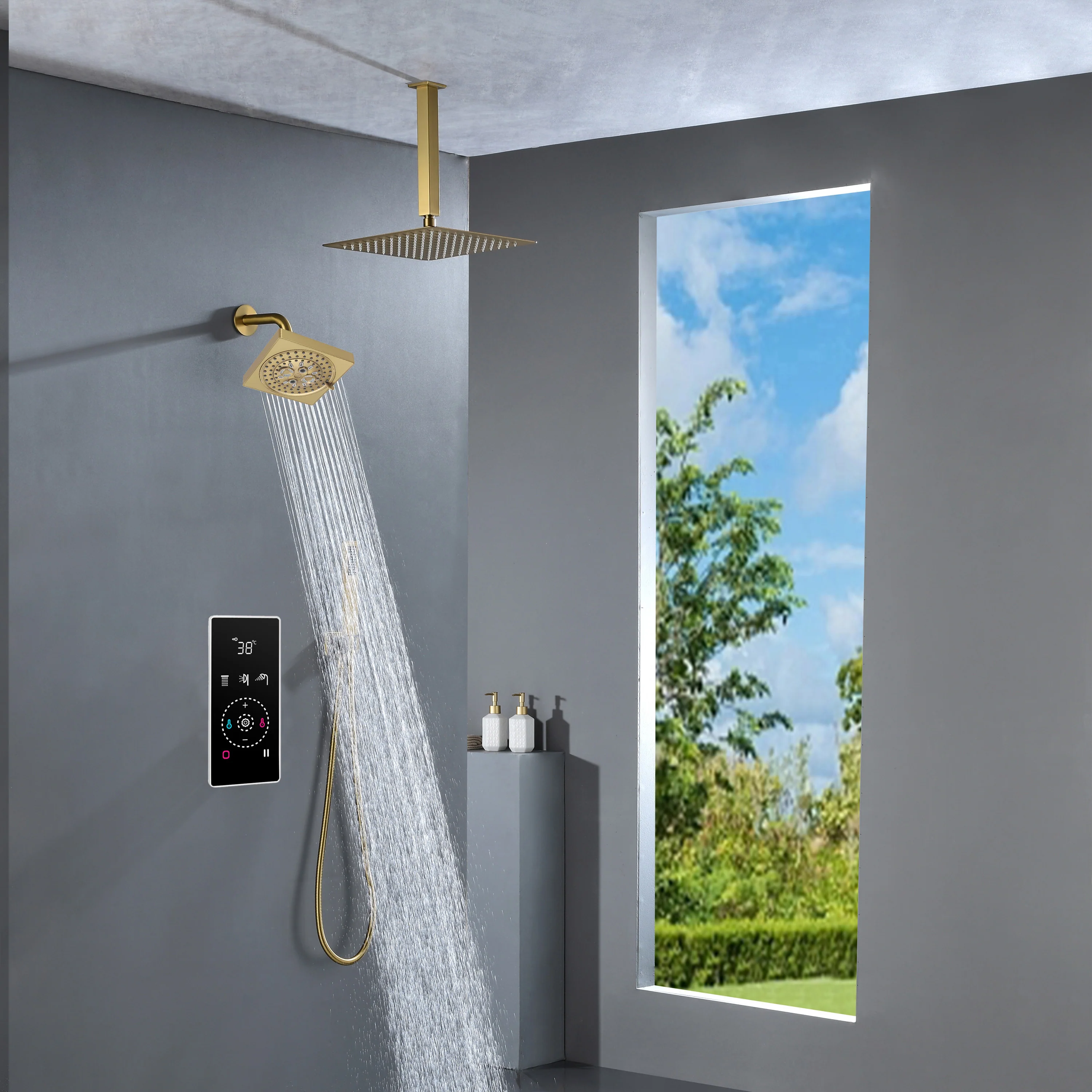 3 Way Thermal Digital Touchscreen Shower Faucet with regular head and rainfall head,Handle Shower - Image 23