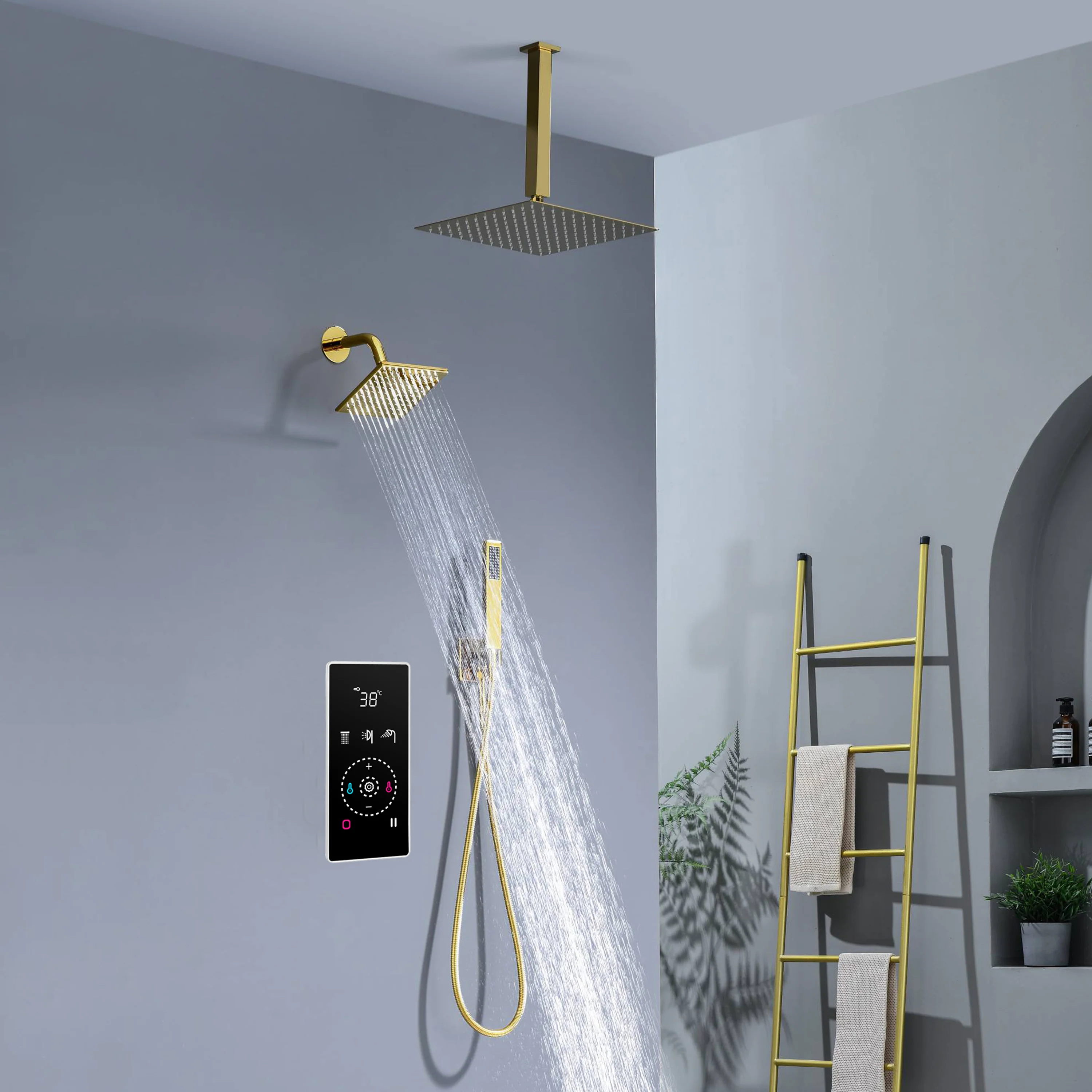 3 Way Thermal Digital Touchscreen Shower Faucet with regular head and rainfall head,Handle Shower - Image 24
