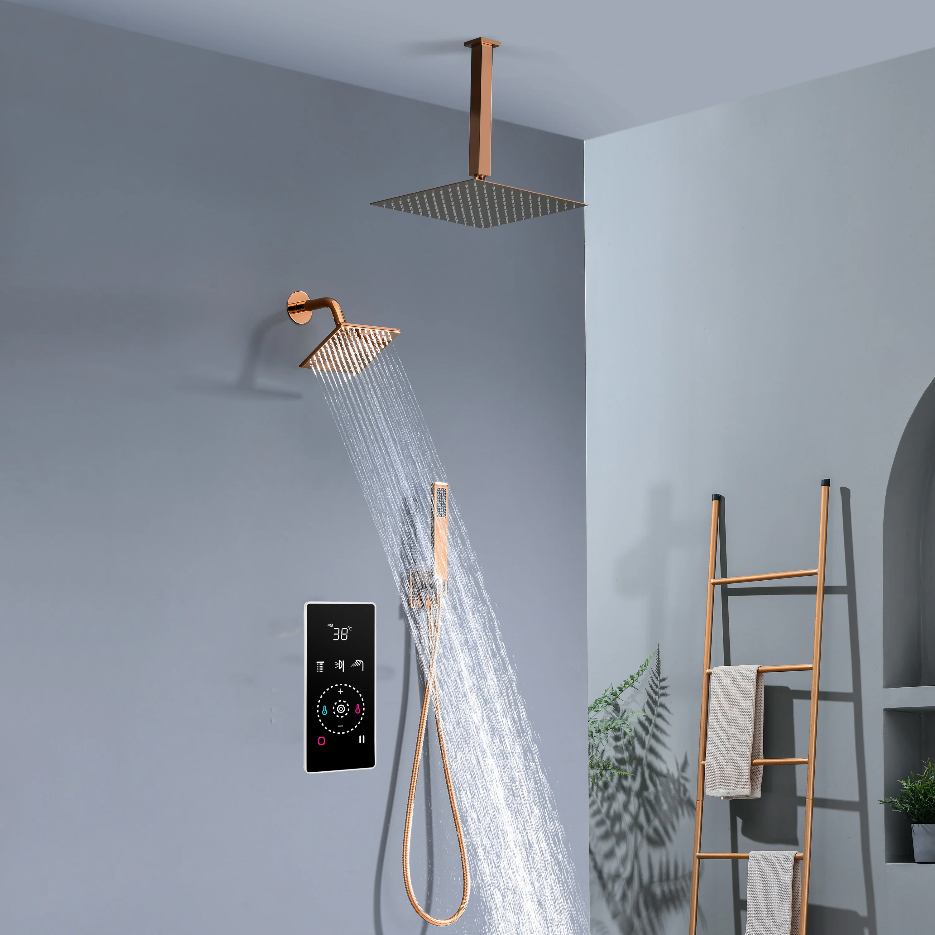 3 Way Thermal Digital Touchscreen Shower Faucet with regular head and rainfall head,Handle Shower - Image 26