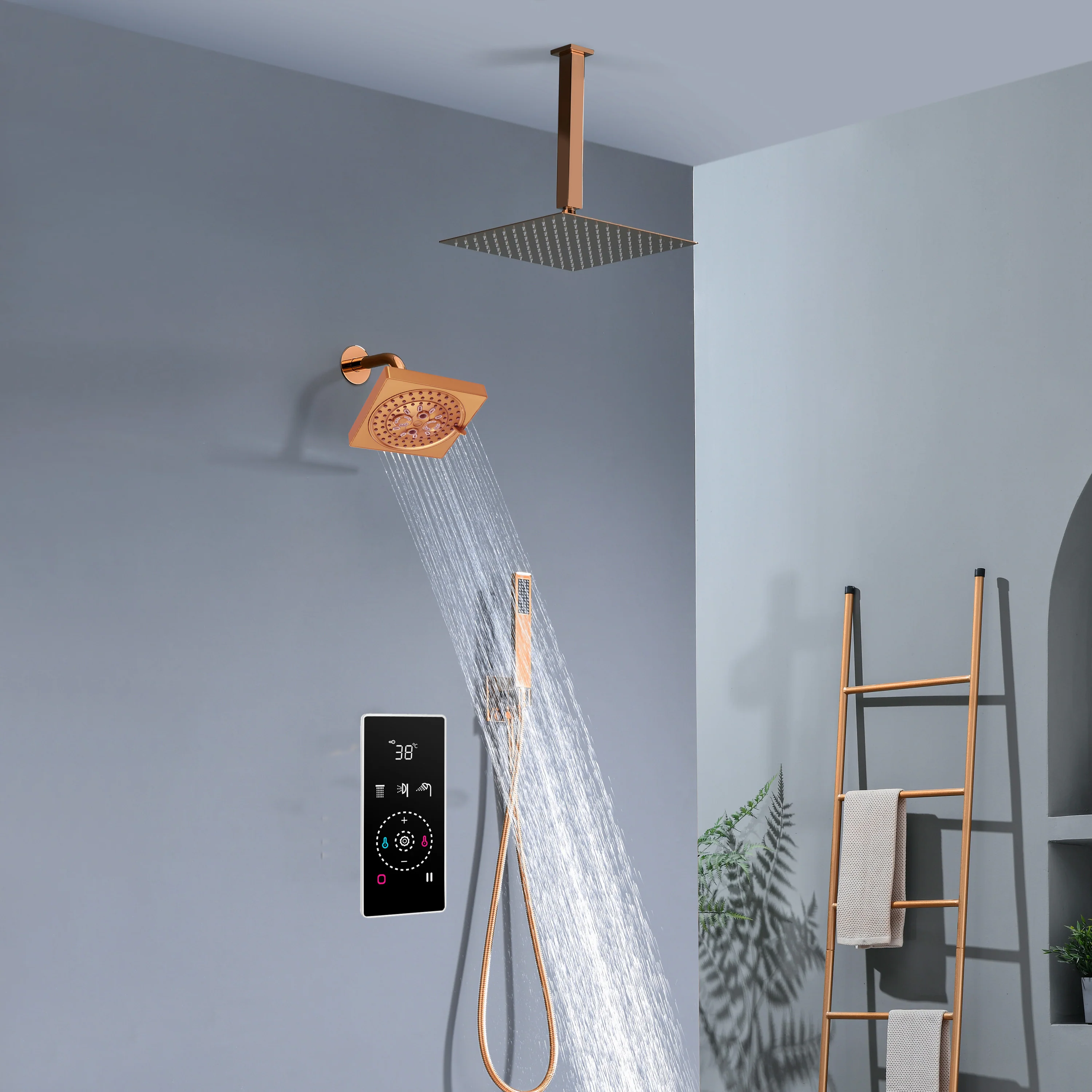 3 Way Thermal Digital Touchscreen Shower Faucet with regular head and rainfall head,Handle Shower - Image 27