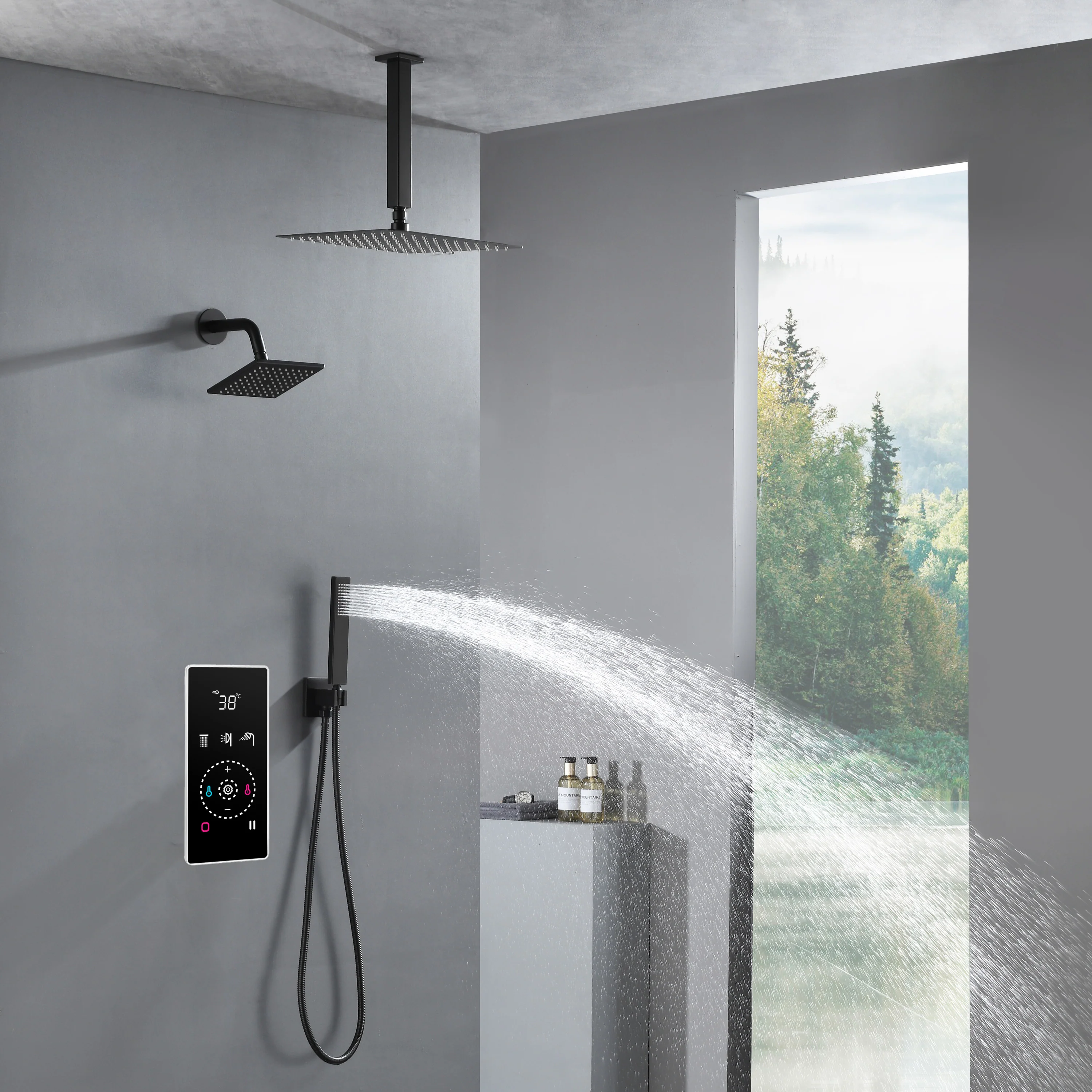 3 Way Thermal Digital Touchscreen Shower Faucet with regular head and rainfall head,Handle Shower - Image 3