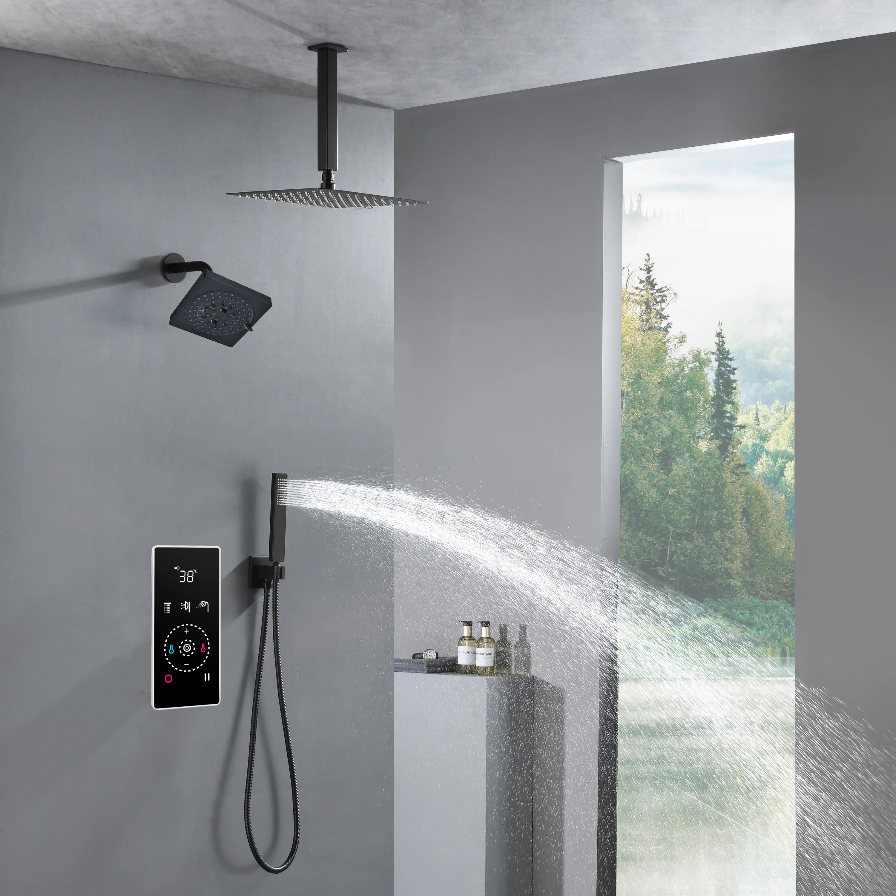 3 Way Thermal Digital Touchscreen Shower Faucet with regular head and rainfall head,Handle Shower - Image 4