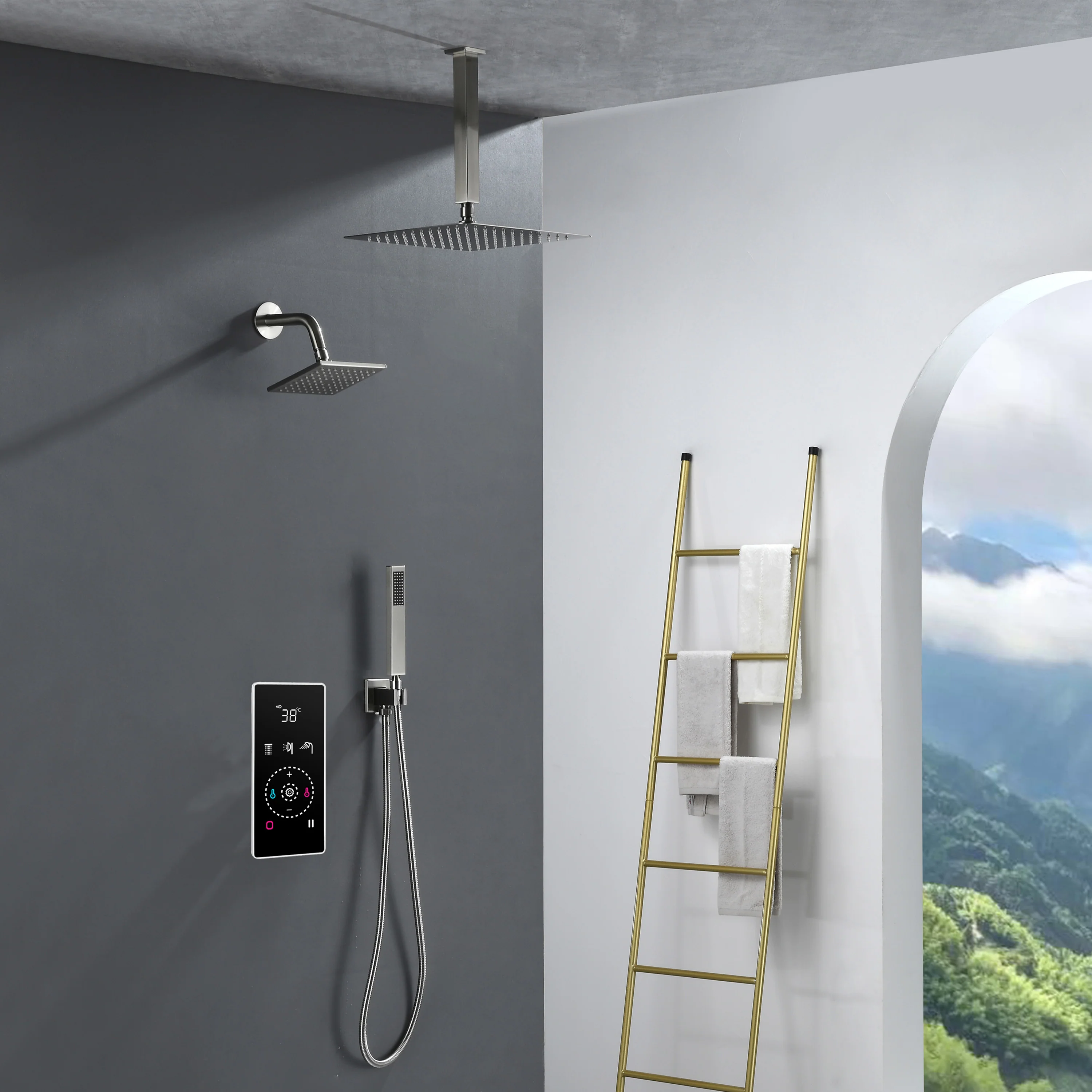 3 Way Thermal Digital Touchscreen Shower Faucet with regular head and rainfall head,Handle Shower - Image 6