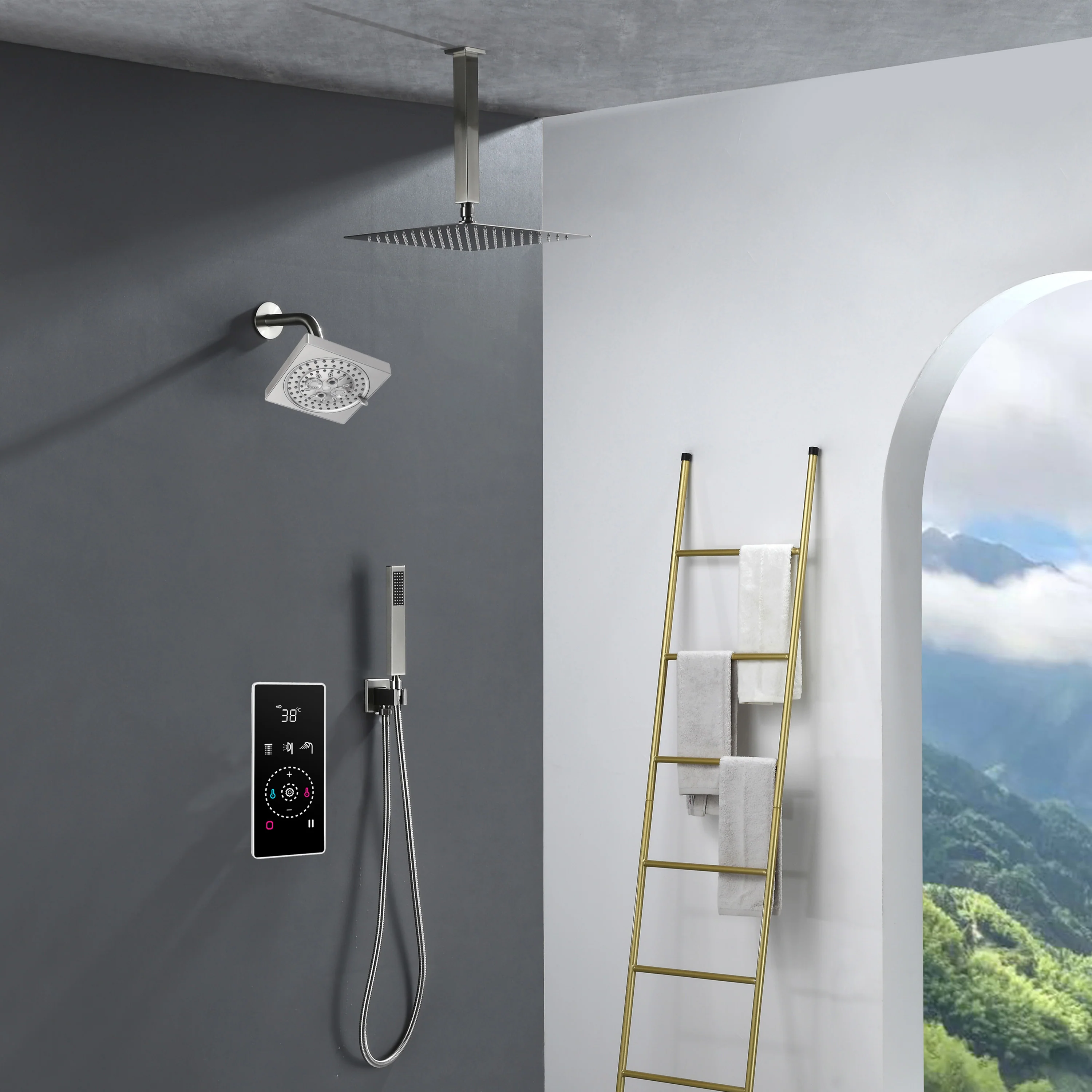 3 Way Thermal Digital Touchscreen Shower Faucet with regular head and rainfall head,Handle Shower - Image 7