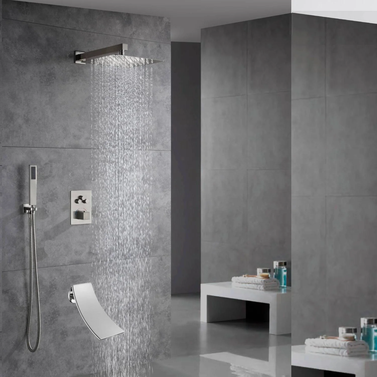 Brushed Nickel Wall Mount 3-Way Thermostatic Shower Valve System with Tub Spout - Image 10