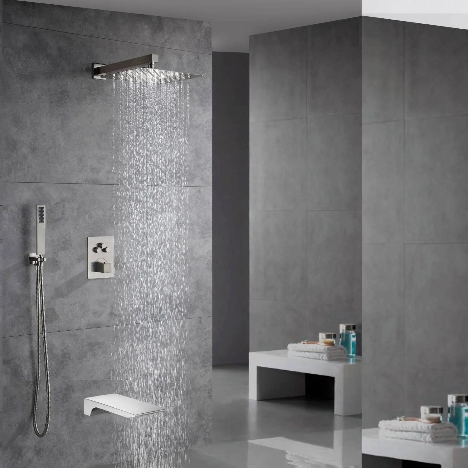 Brushed Nickel Wall Mount 3-Way Thermostatic Shower Valve System with Tub Spout - Image 11