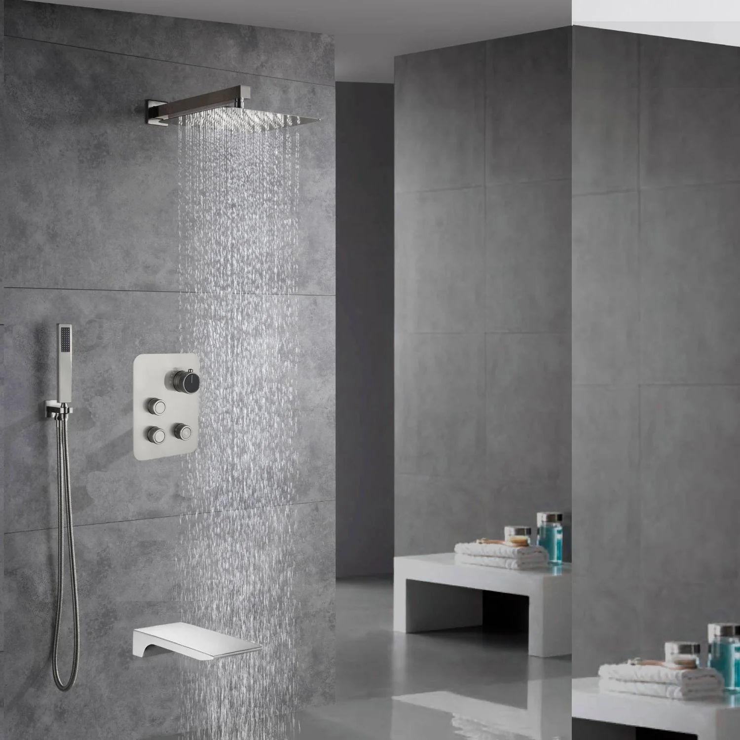 Brushed Nickel Wall Mount 3-Way Thermostatic Shower Valve System with Tub Spout - Image 3