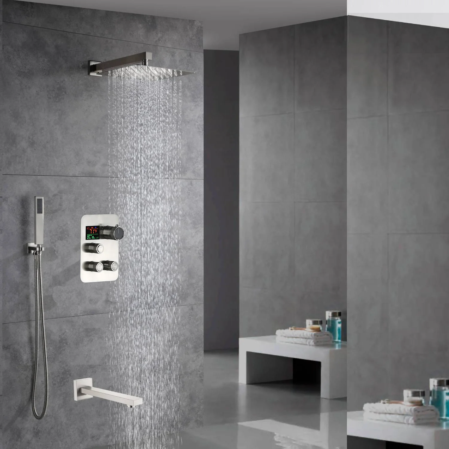 Brushed Nickel Wall Mount 3-Way Thermostatic Shower Valve System with Tub Spout - Image 4