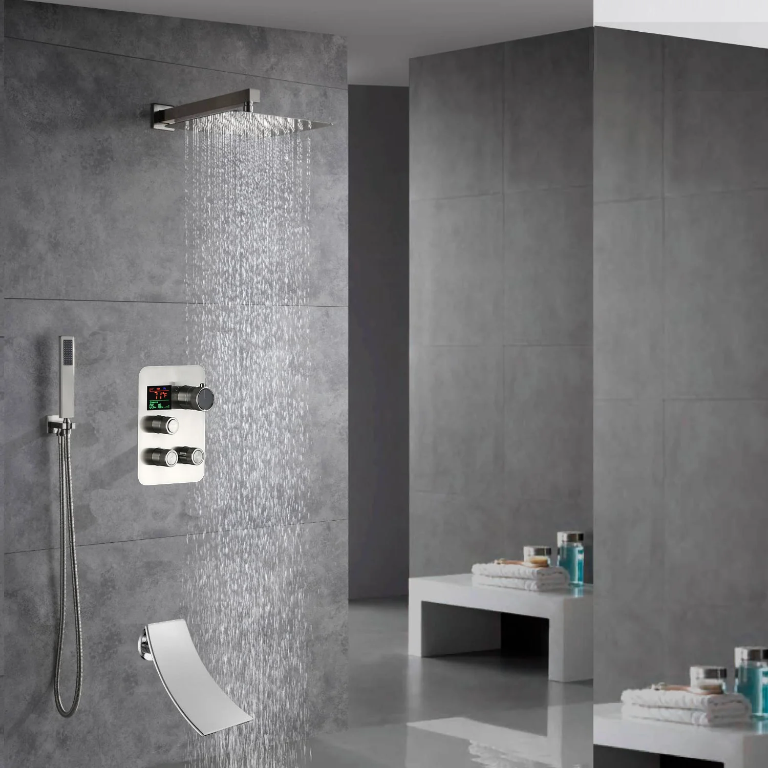Brushed Nickel Wall Mount 3-Way Thermostatic Shower Valve System with Tub Spout - Image 5