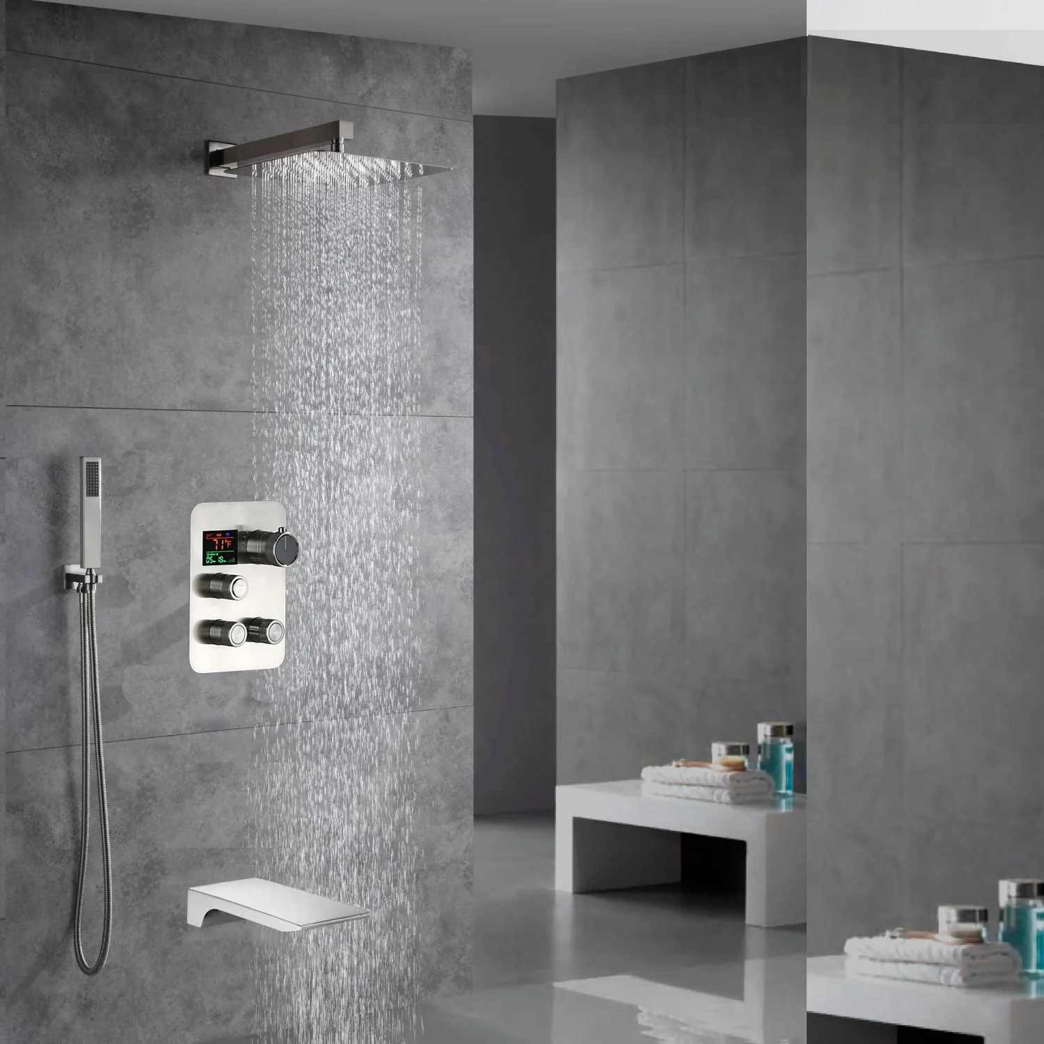 Brushed Nickel Wall Mount 3-Way Thermostatic Shower Valve System with Tub Spout - Image 6