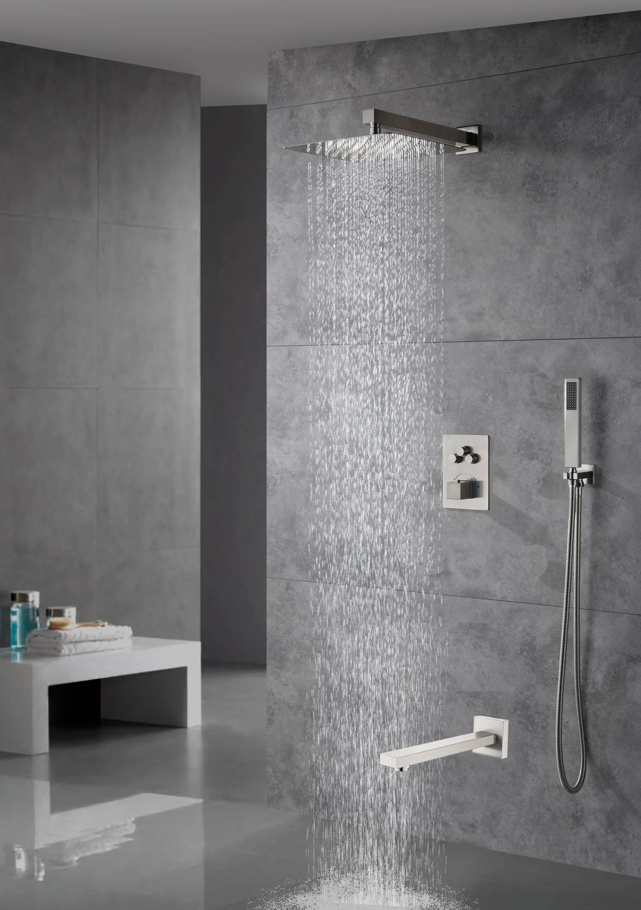 Brushed Nickel Wall Mount 3-Way Thermostatic Shower Valve System with Tub Spout - Image 7