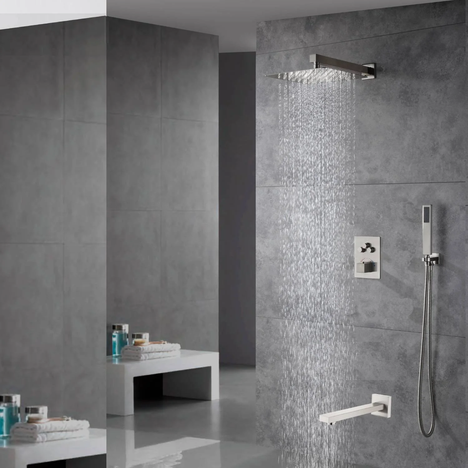 Brushed Nickel Wall Mount 3-Way Thermostatic Shower Valve System with Tub Spout - Image 8