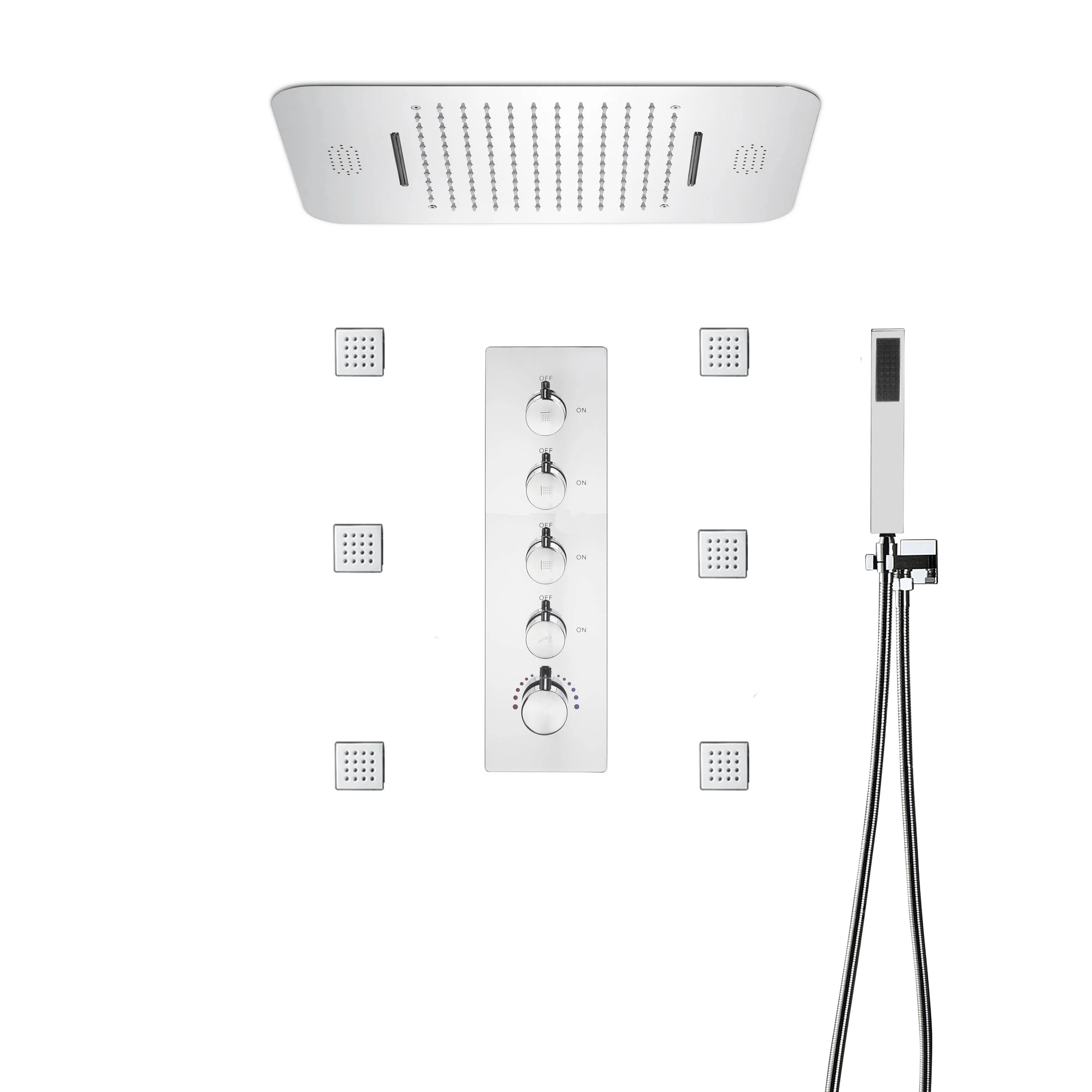 64 LED colors chrome music led flushed in 23x15inch shower head 4 way thermostatic valve that each function run at the same time and separately - Image 3