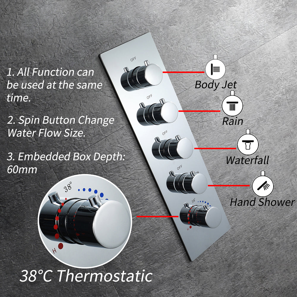 64 LED colors chrome music led flushed in 23x15inch shower head 4 way thermostatic valve that each function run at the same time and separately - Image 7
