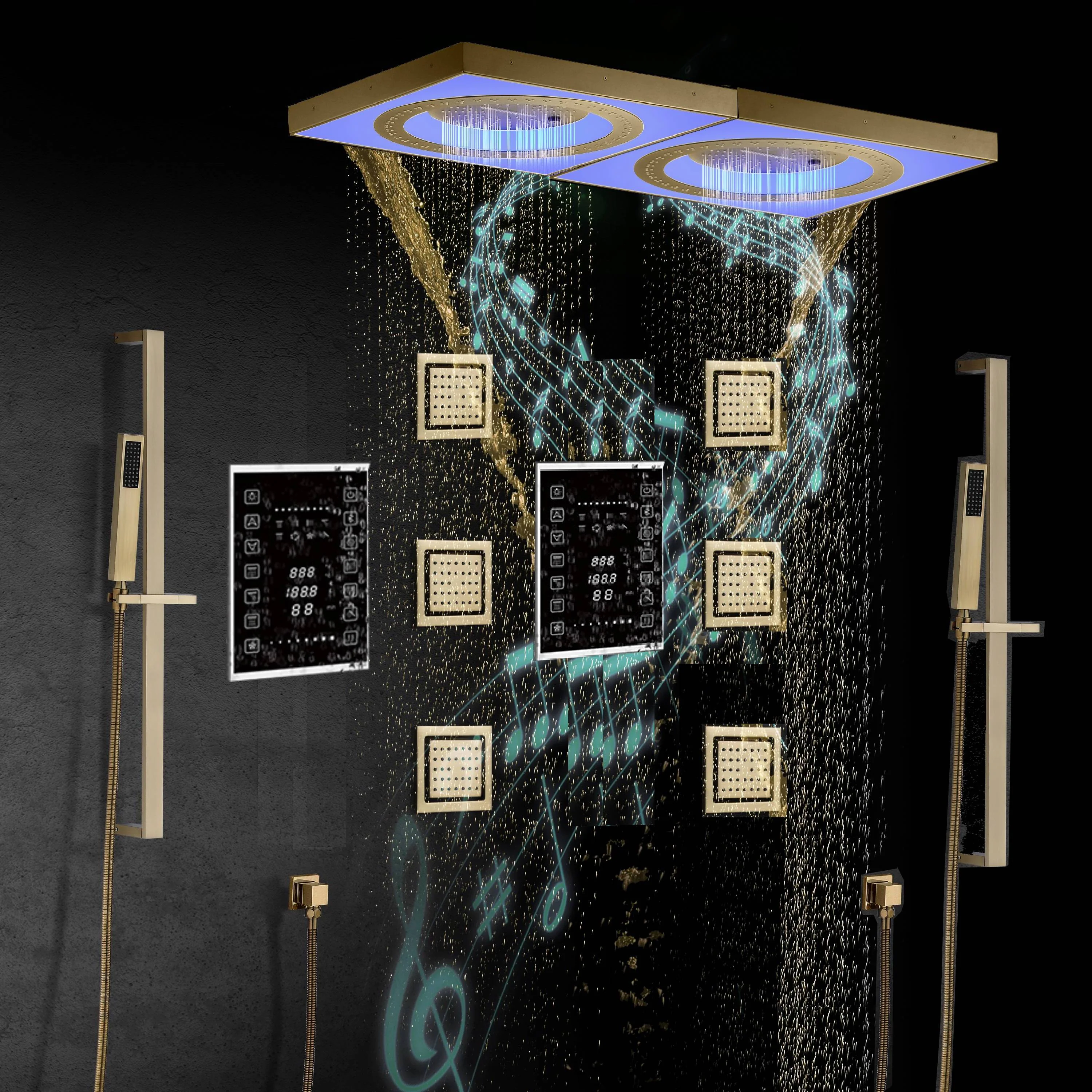 48" x 24" Flush Mount Rainfall Waterfall Shower System with LED, 6-Way touch Thermostatic Faucet, Dual Regular Heads - Image 17