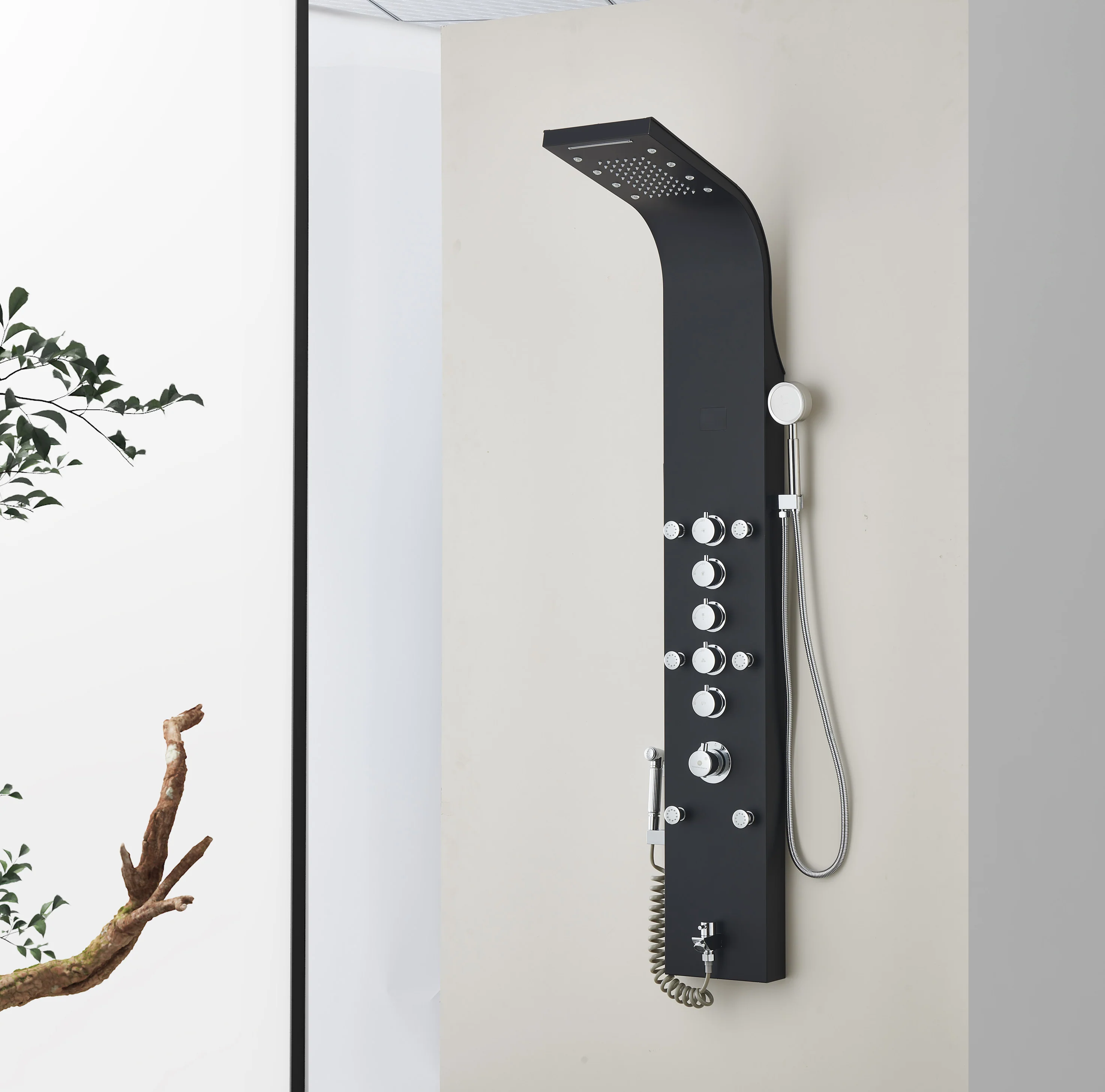 59'' Brushed Nickel or Brushed Gold or Matte Black LED Rain & Waterfall Massage Tower - Simultaneous and Independent Functionality - Image 4