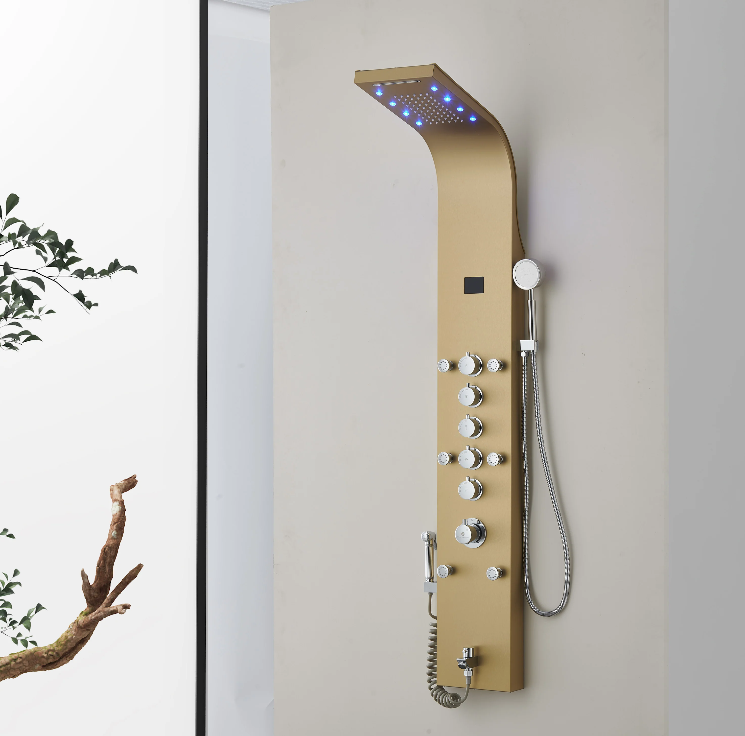 59'' Brushed Nickel or Brushed Gold or Matte Black LED Rain & Waterfall Massage Tower - Simultaneous and Independent Functionality - Image 8