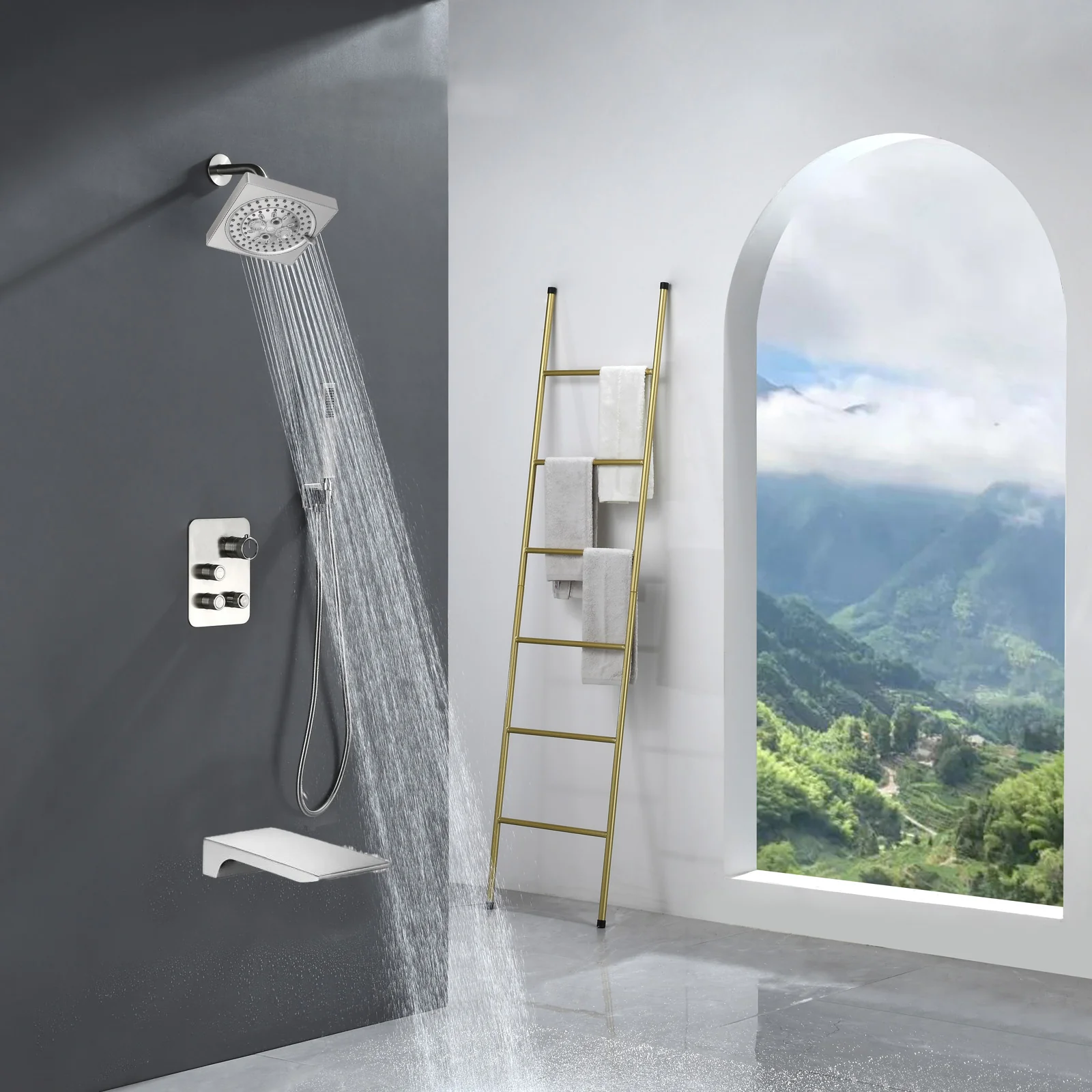Brushed nickel Regular shower head 3 functions Thermostatic Mixer System Shower Faucet Set Tub Spout Bath - Image 10