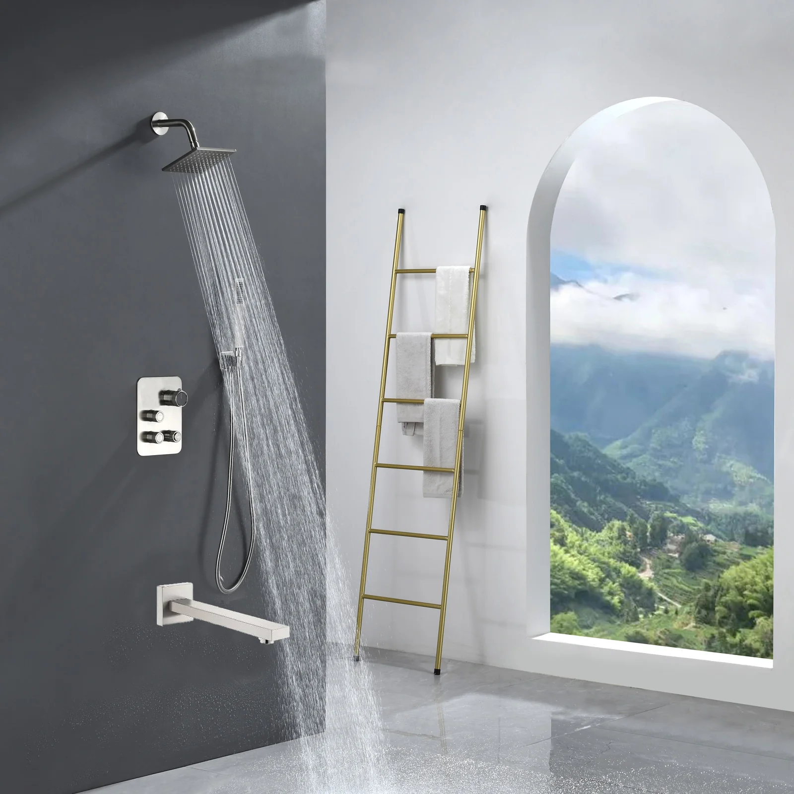 Brushed nickel Regular shower head 3 functions Thermostatic Mixer System Shower Faucet Set Tub Spout Bath - Image 11
