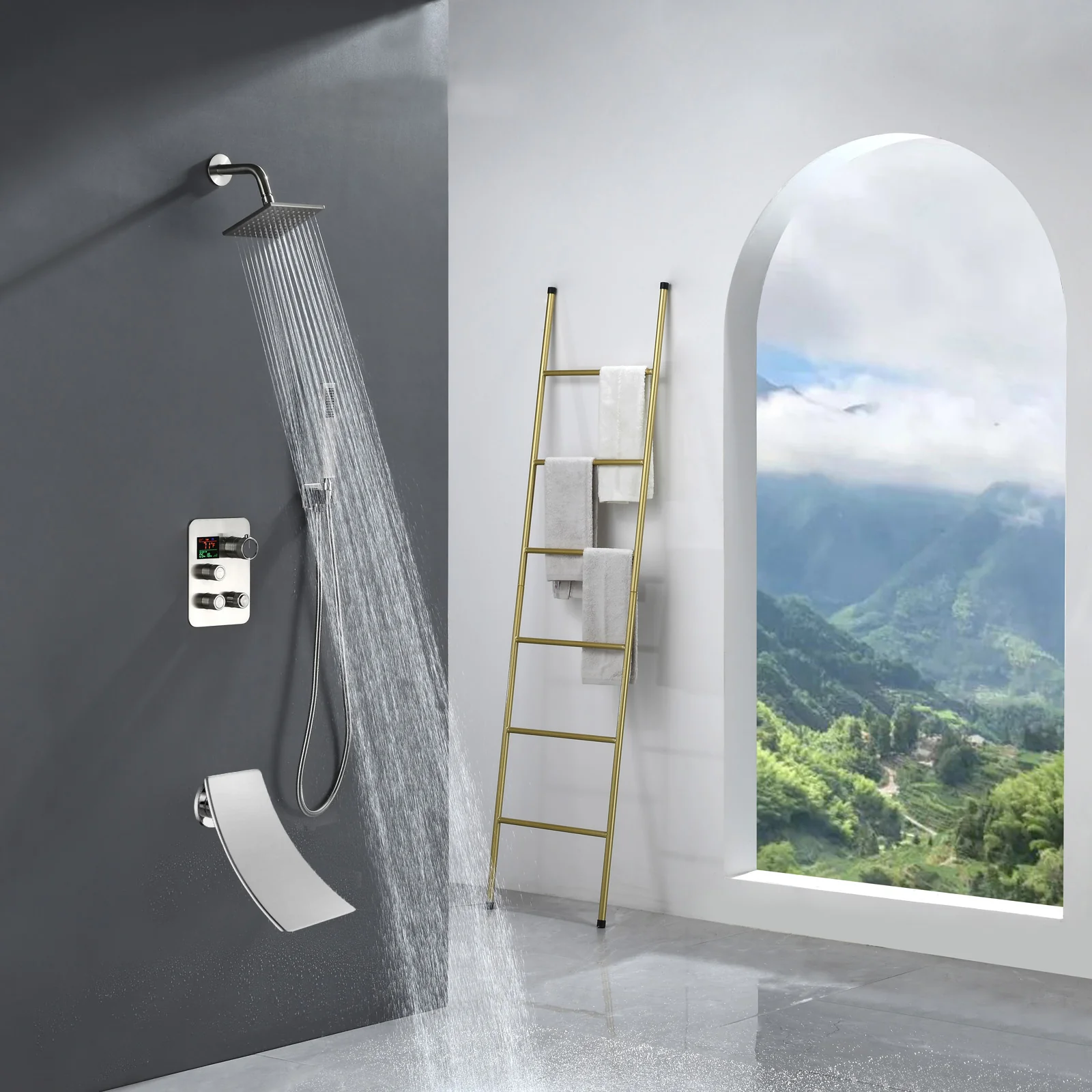 Brushed nickel Regular shower head 3 functions Thermostatic Mixer System Shower Faucet Set Tub Spout Bath - Image 3