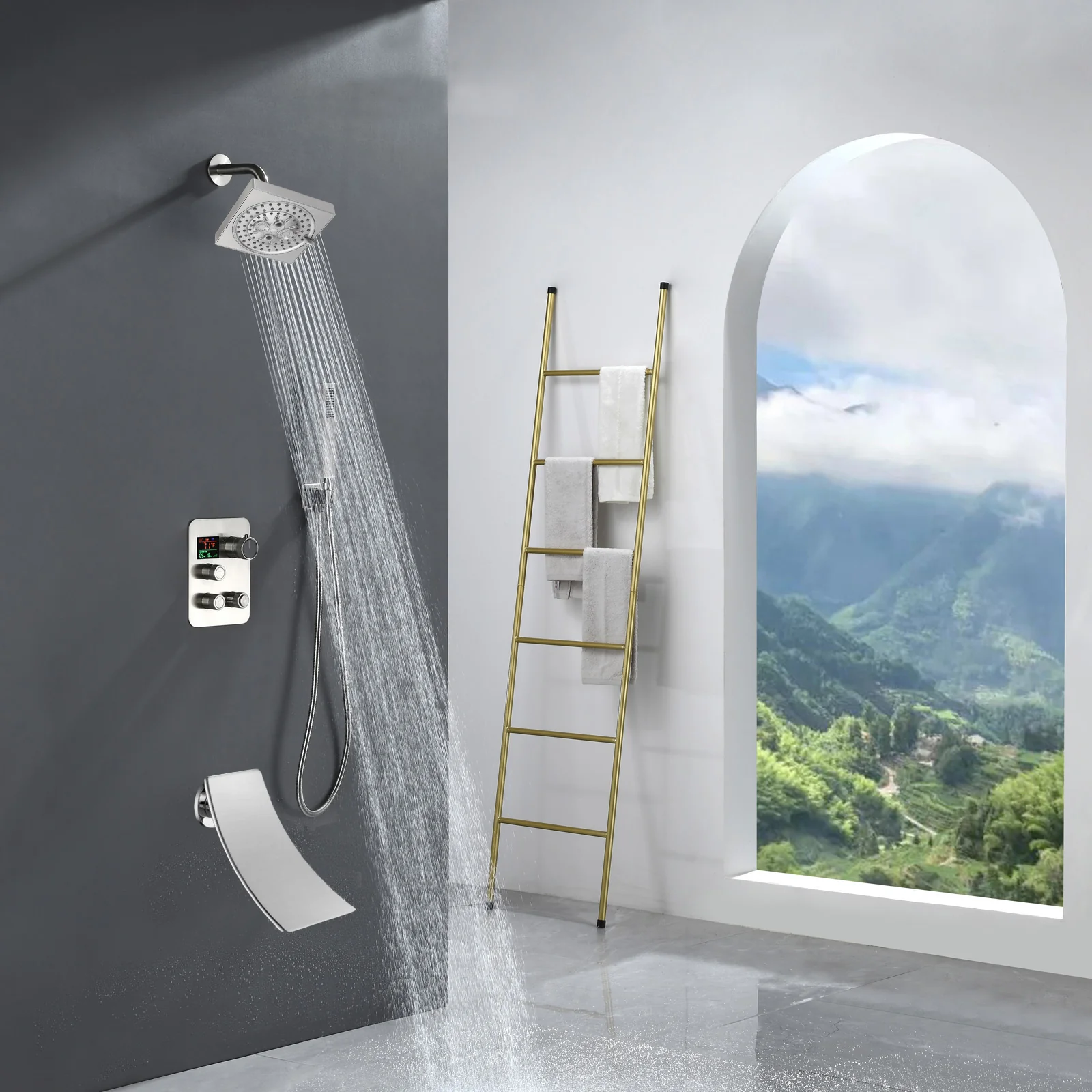 Brushed nickel Regular shower head 3 functions Thermostatic Mixer System Shower Faucet Set Tub Spout Bath - Image 4