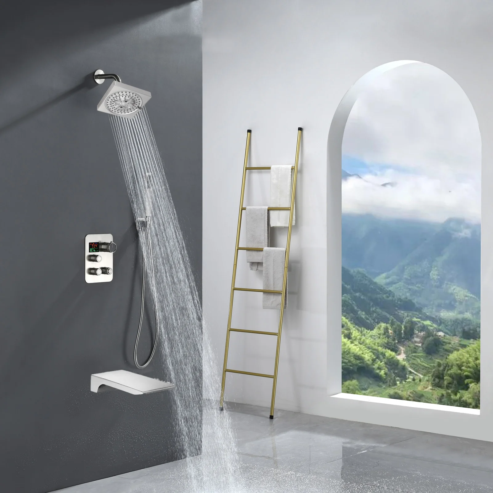 Brushed nickel Regular shower head 3 functions Thermostatic Mixer System Shower Faucet Set Tub Spout Bath - Image 6
