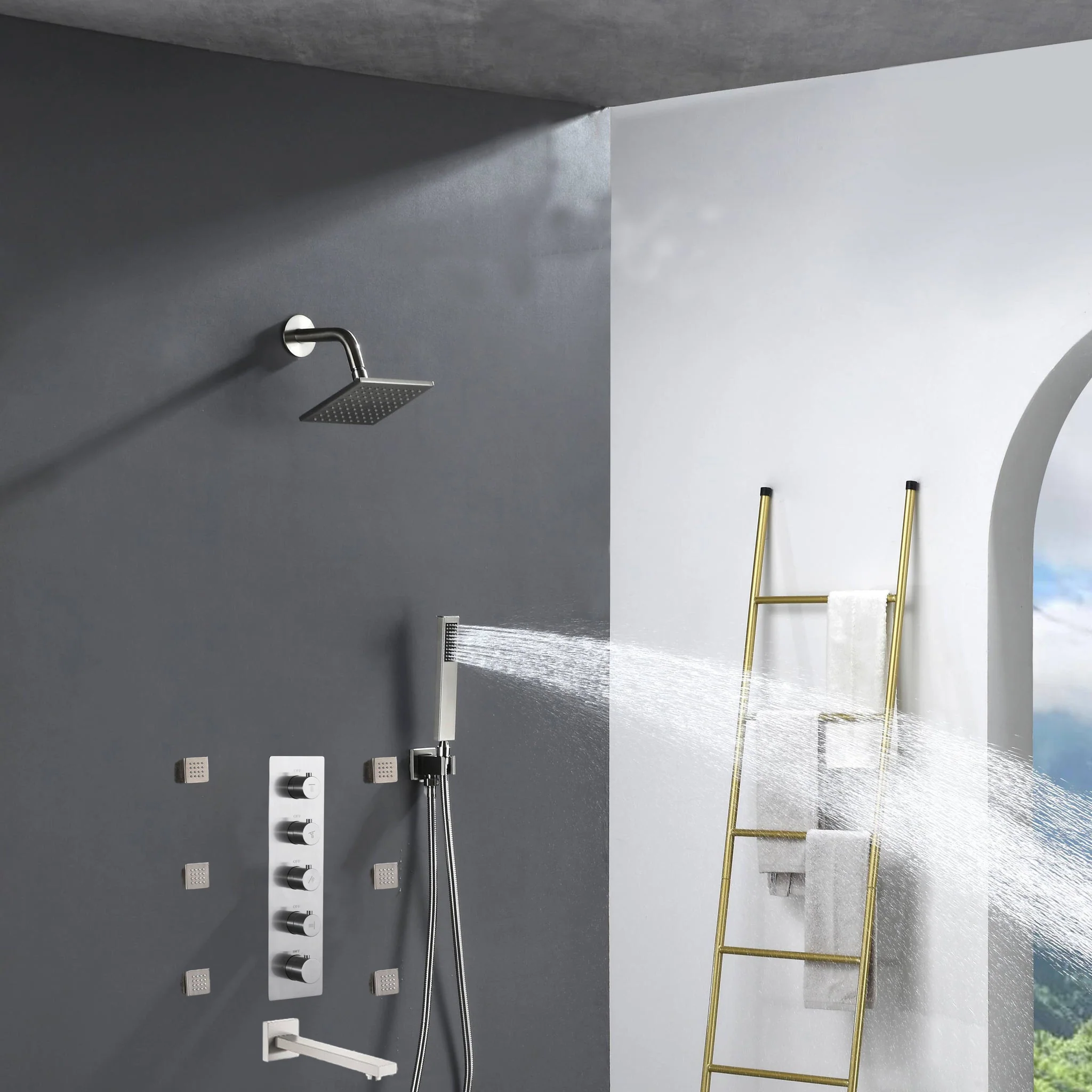 6" Regular Shower Head  - 4-Way  Thermostatic System with 6 jets and tub spout - Image 3
